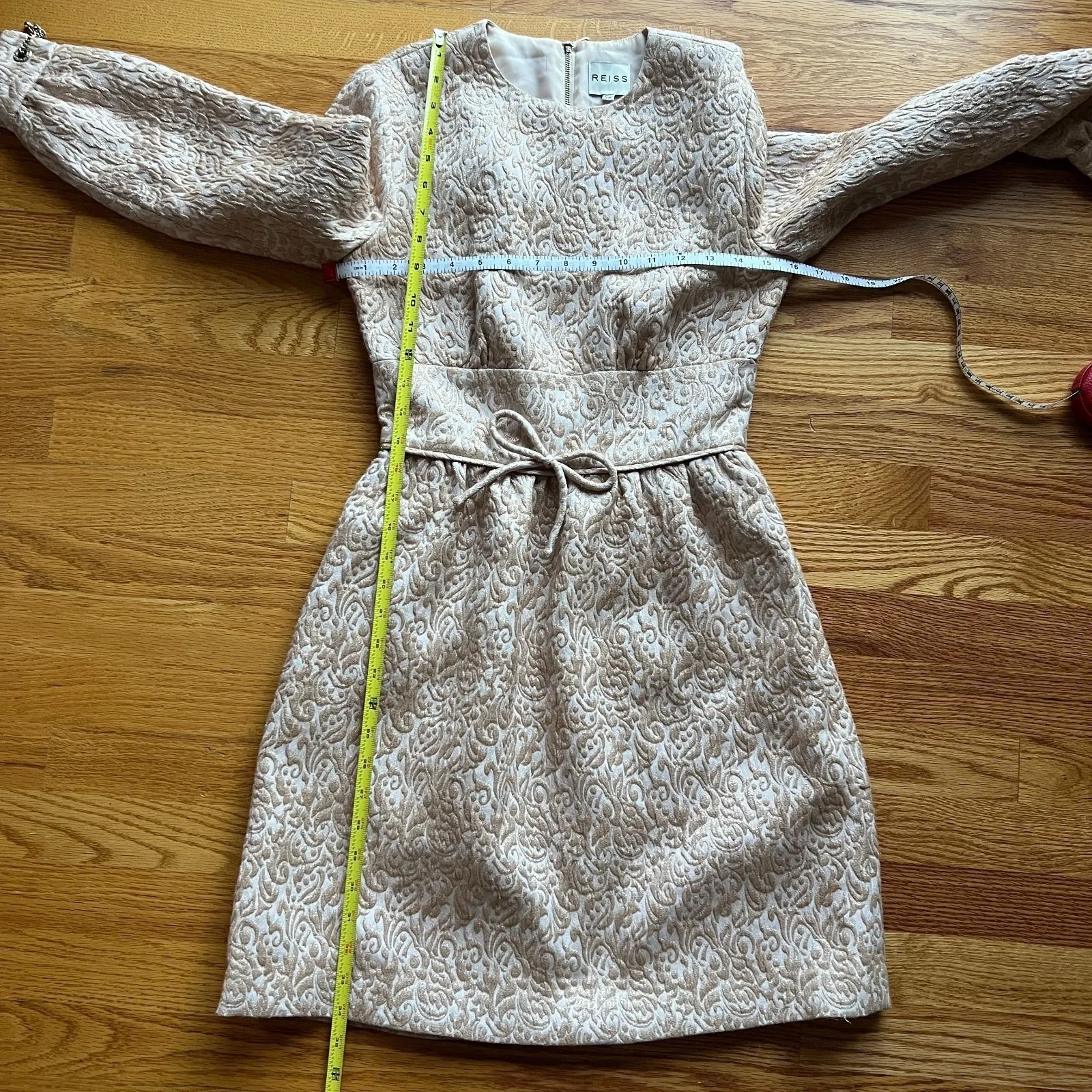 REISS Rose Gold Melanie Jacquard Party Dress Sz 4 Tie Waist Cocktail Wedding - Image 10