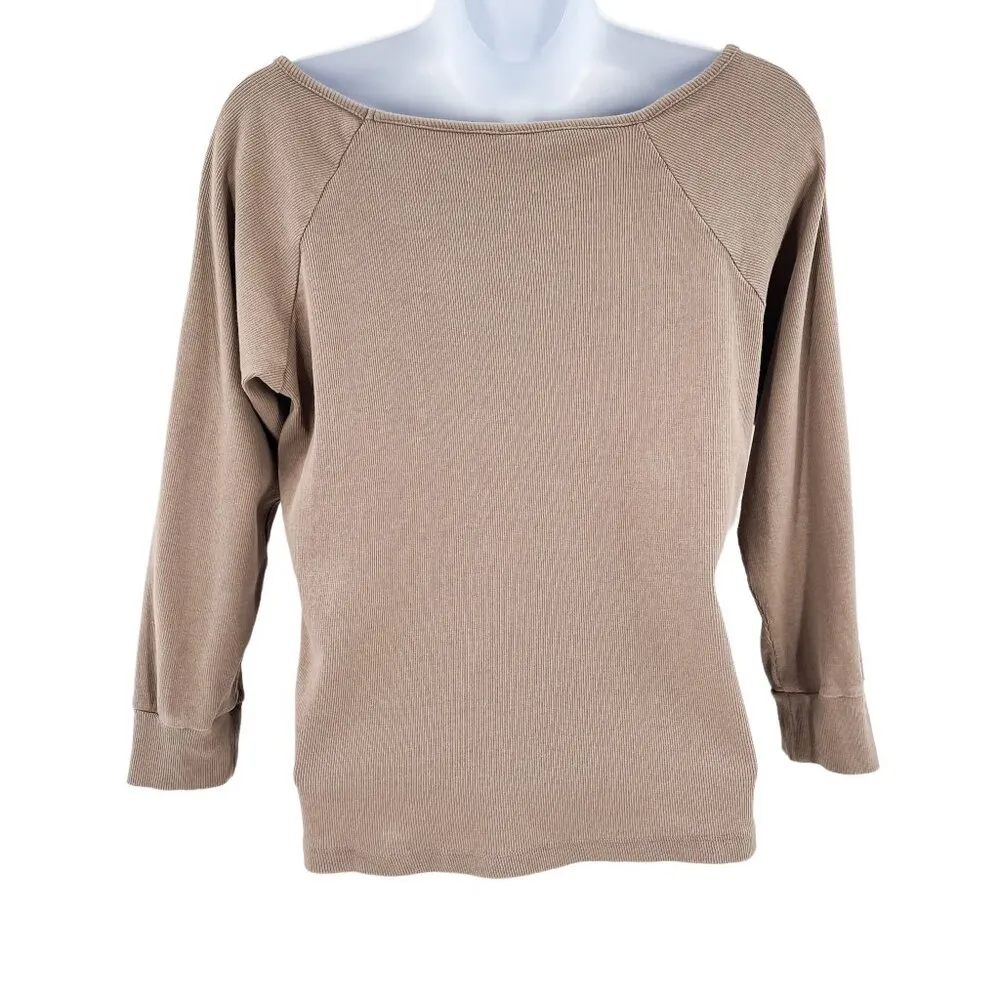 Kate Quinn Organic Ribbed Basic Top Shirt 3/4 Sleeve Tan - Image 2