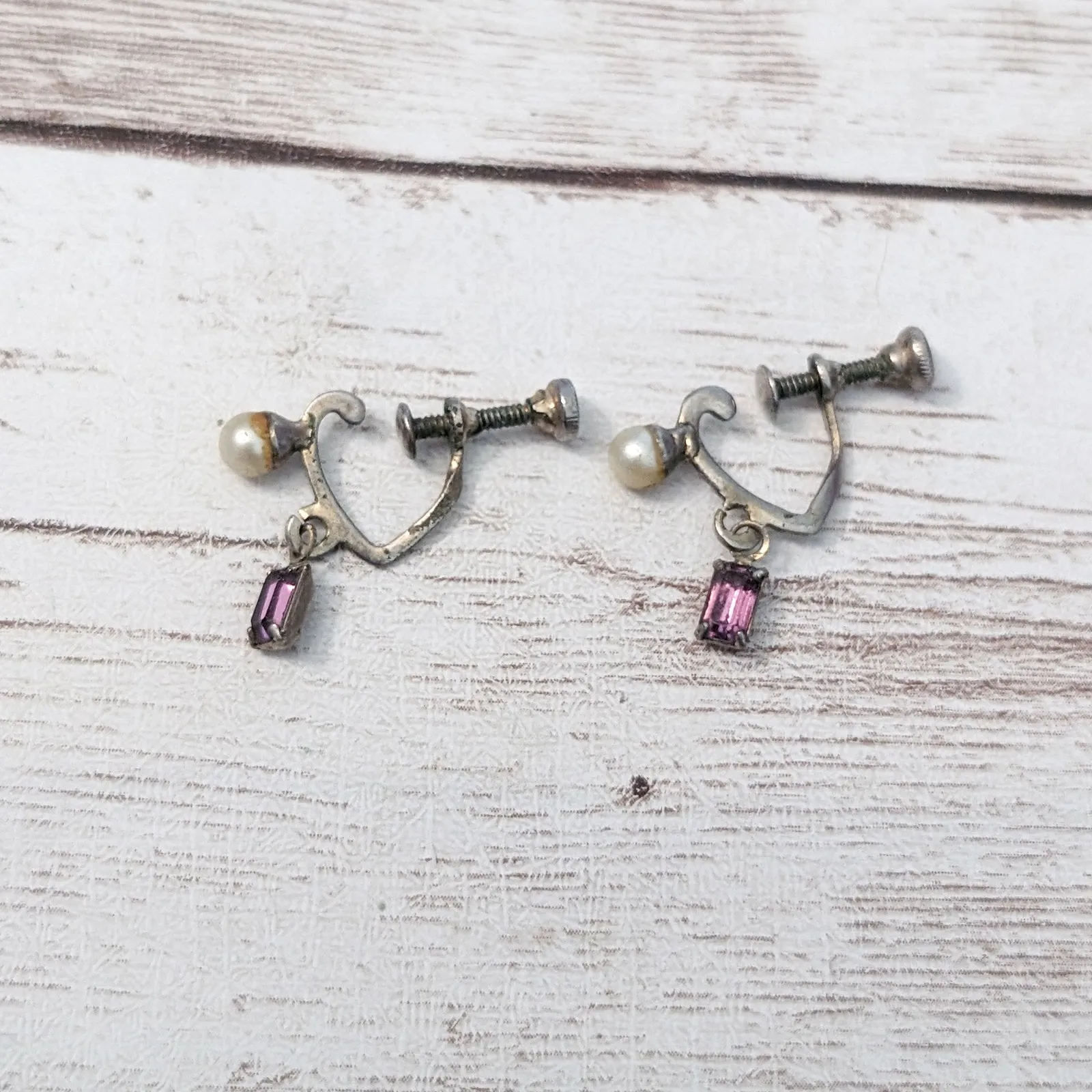 Vintage Screw On Earrings Dainty Faux Pearl & Purple Gem - Image 2