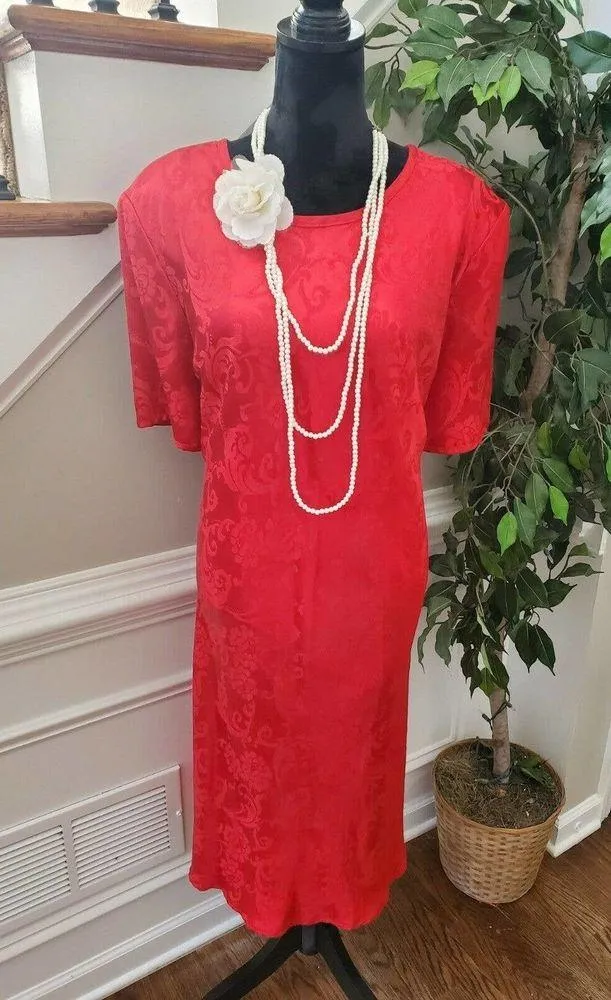 Vintage Jessica Howard Red Floral Rayon Round Neck 3/4Sleeve Knee Length Dress L - Image 11