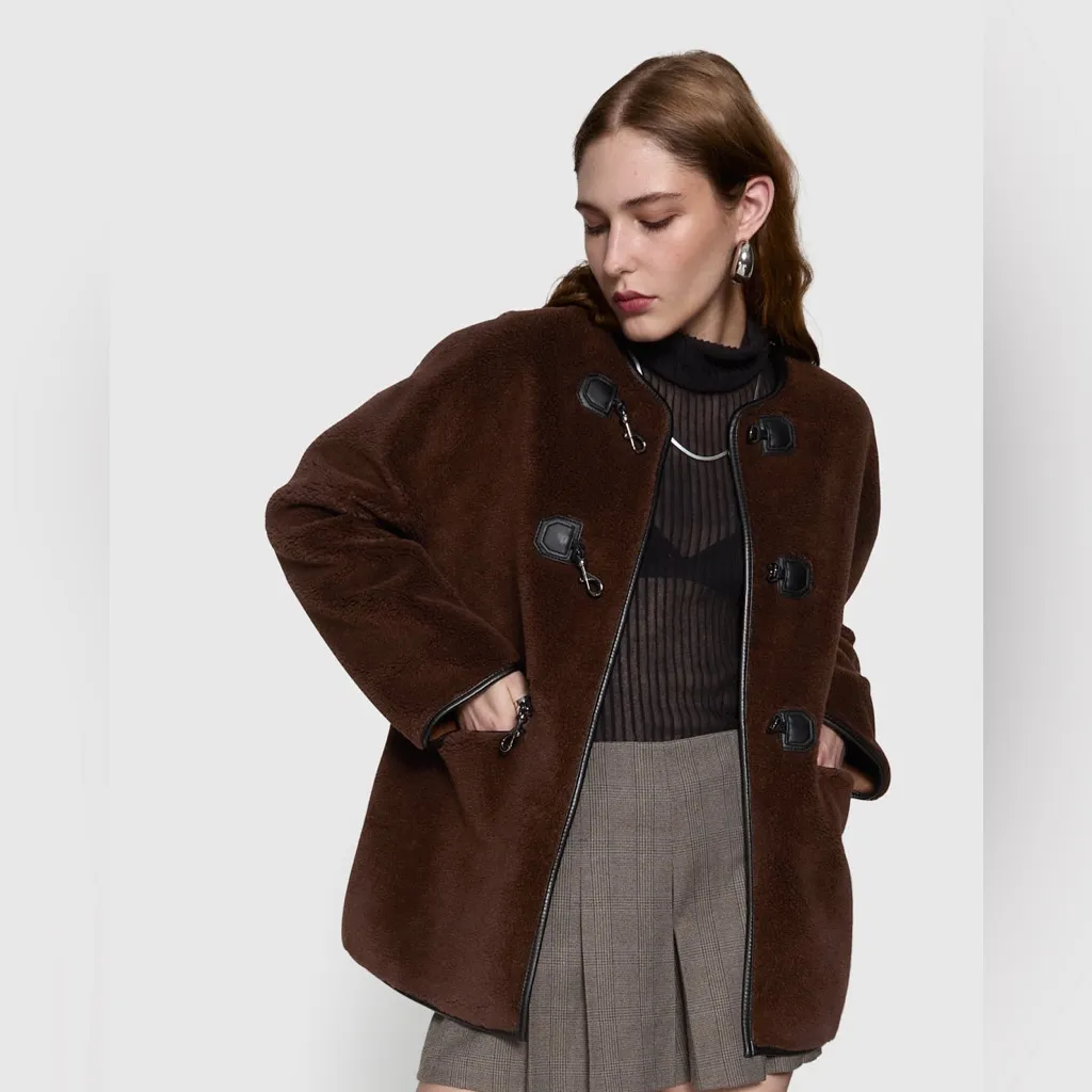 NWT $268 Rebecca Minkoff Shearling Toggle Jacket IN Color Chocolate Brown Medium - Image 5