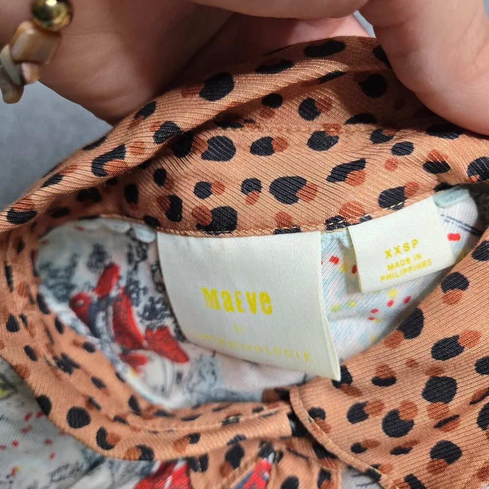 Anthropologie Maeve Bernadette Mixed Print Floral Leaopard Shirt Size XXSP - Image 4