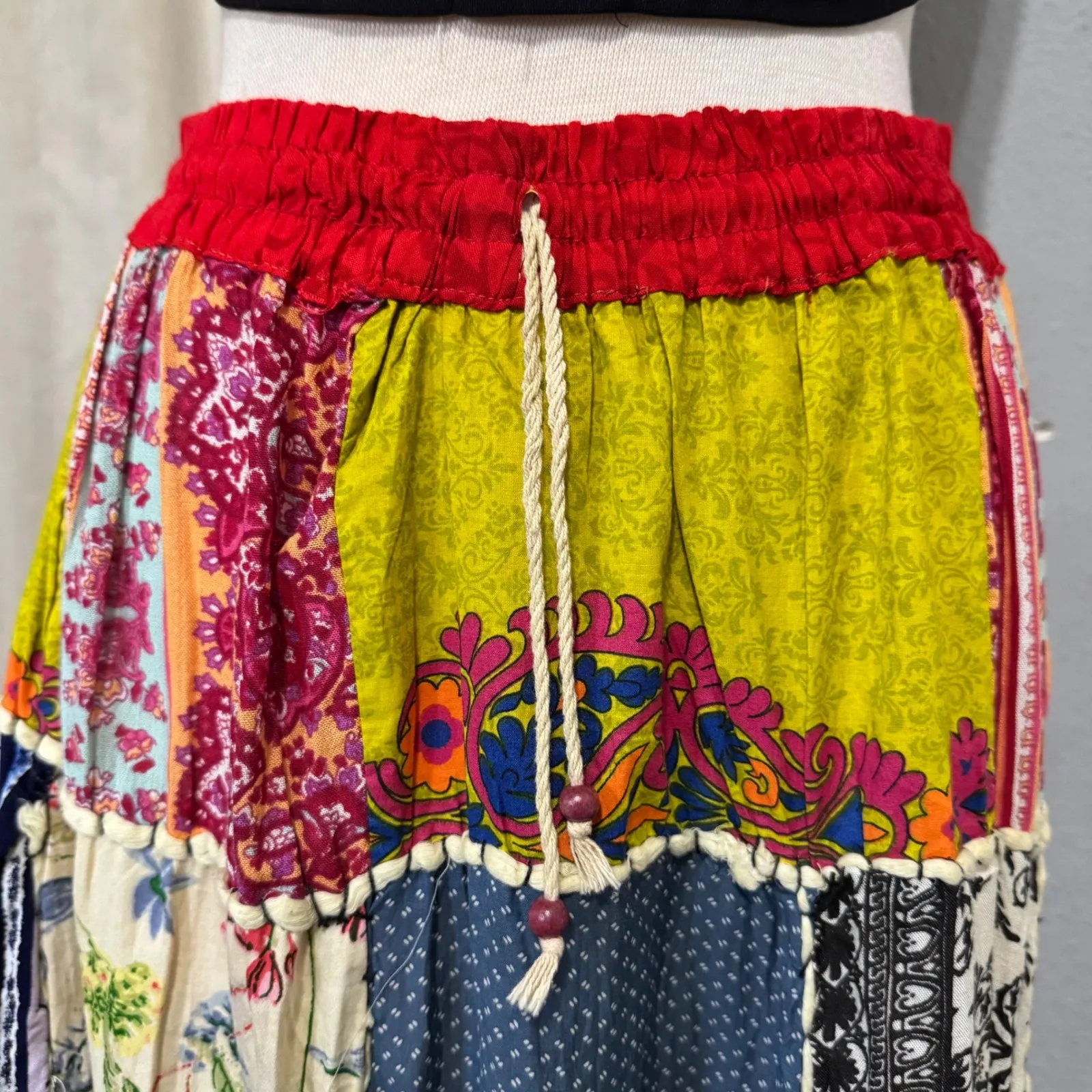 Vintage Boho Patchwork Maxi Skirt Tiered Ruffle Red Waistband Drawstring Size S Yellow Size M - Image 4