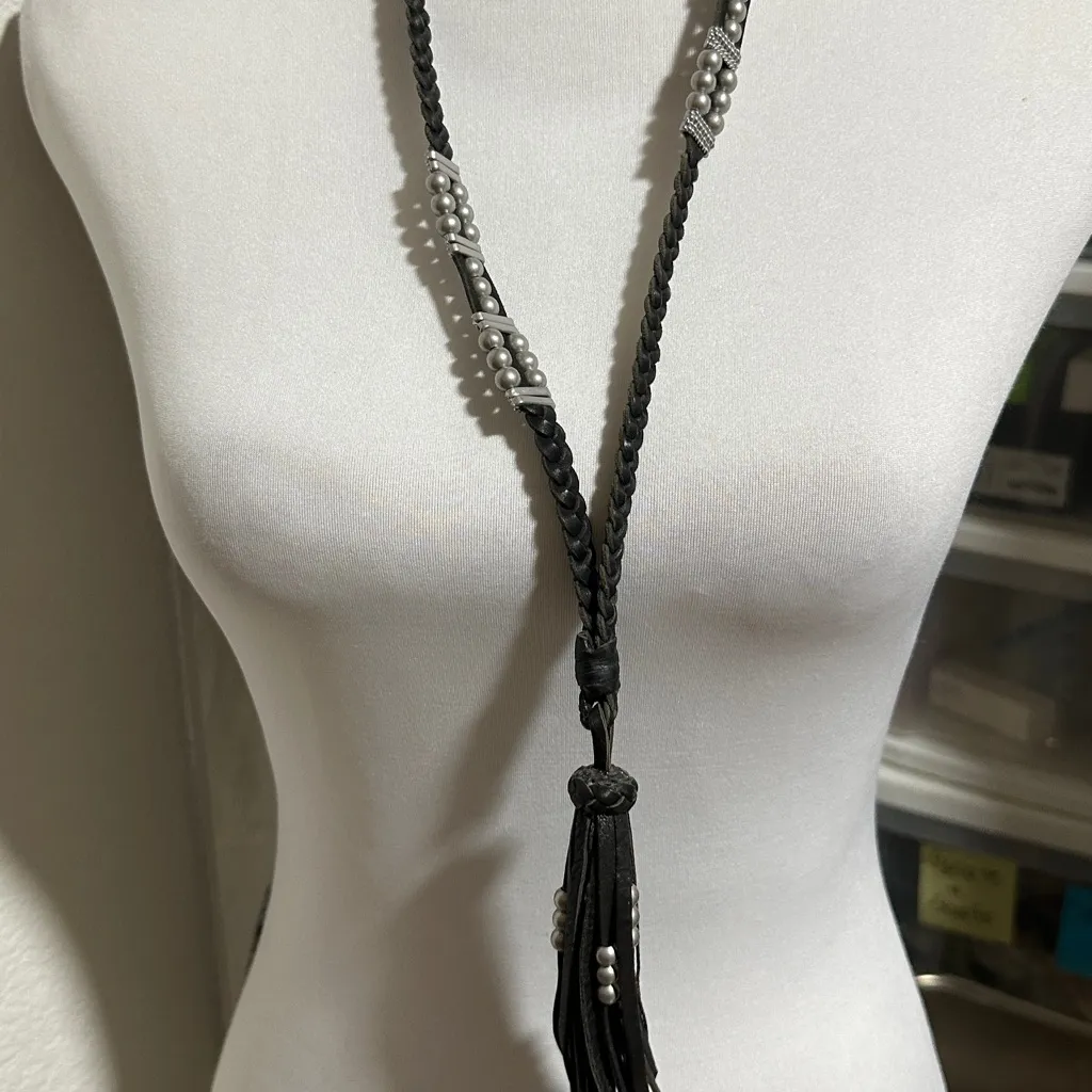 Black Braided Leather Lariat Western Necklace Silver Accents Vintage Italian - Image 2