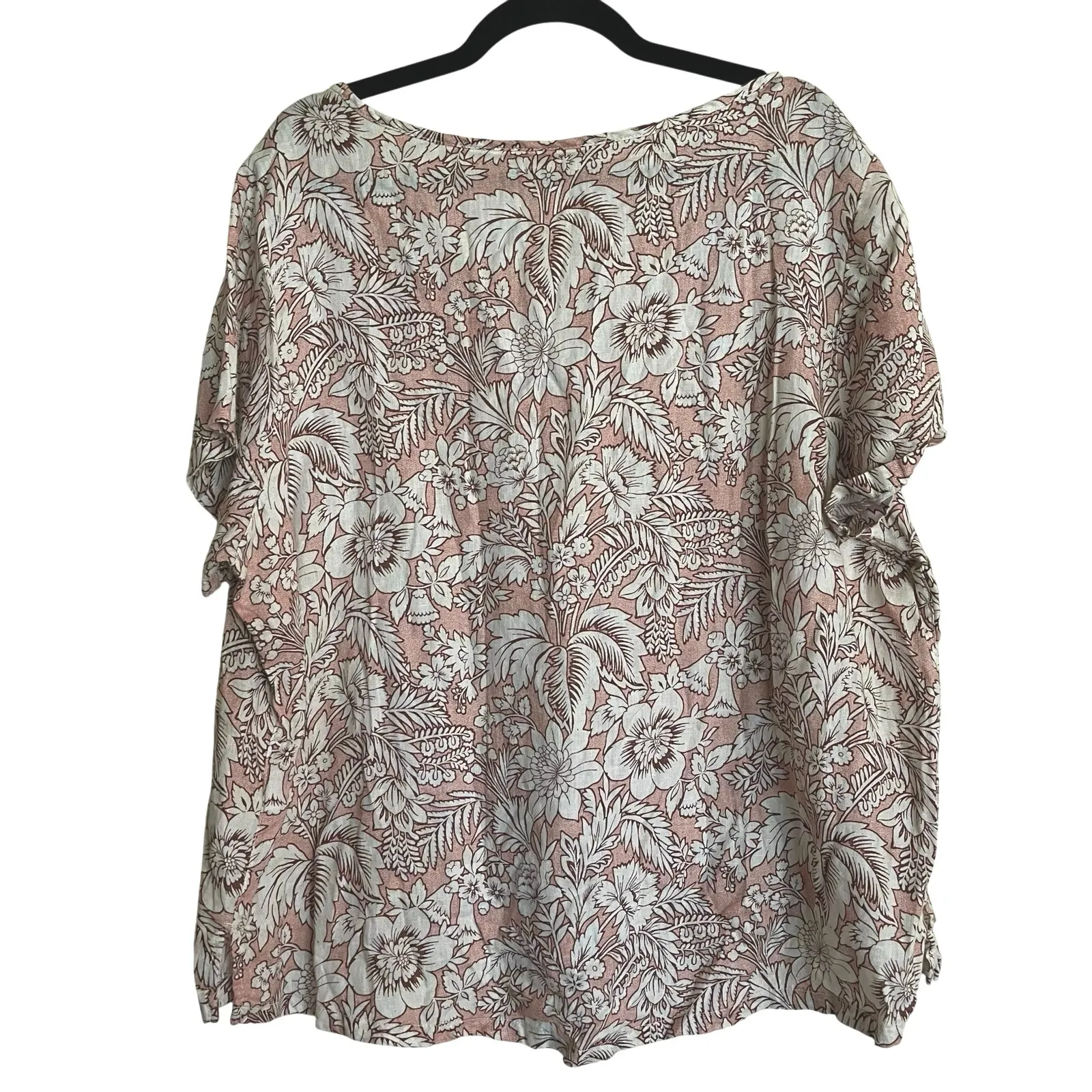 C&C California T-Shirt 100% Linen Short Sleeve Tee Pink Brown Floral Plus 2X - Image 2