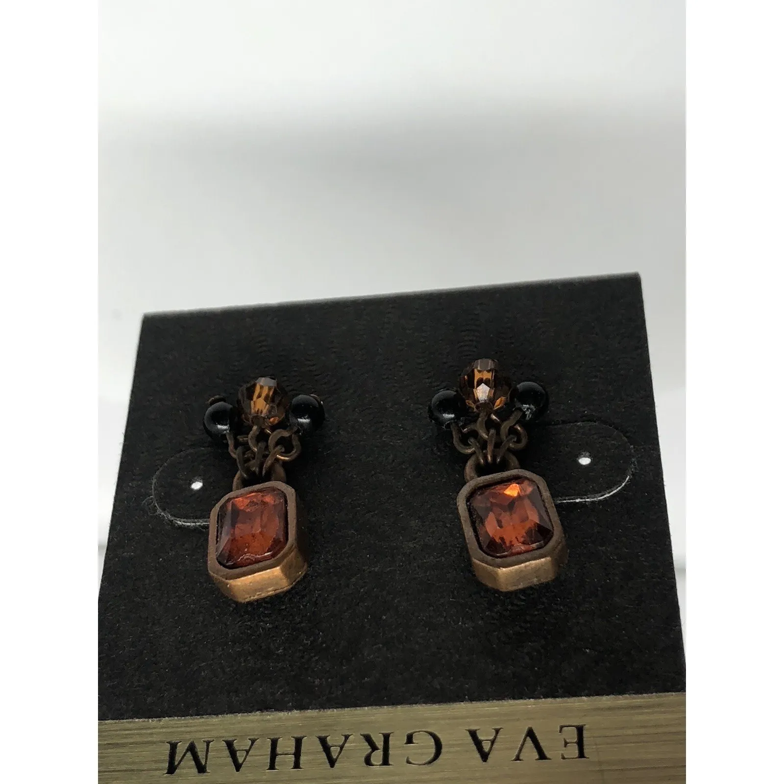 NWT Carol for Eva Graham‎ Pierced Earrings Orange Dark Ruby Brass Tone Dangle - Image 4