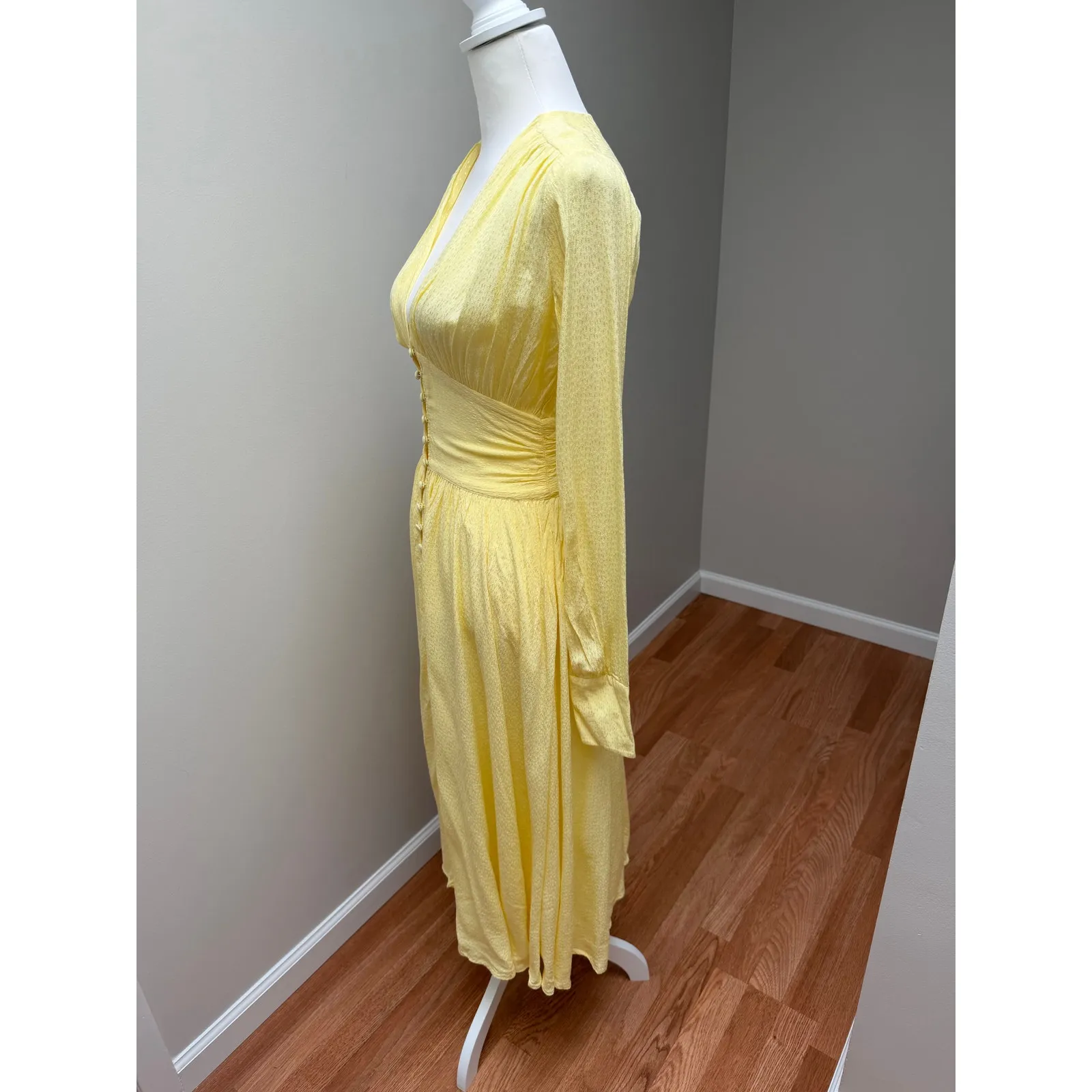Rotate Birger Christensen Tracy Ruched Jacquard Midi Dress Size 2 Butter Yellow - Image 7