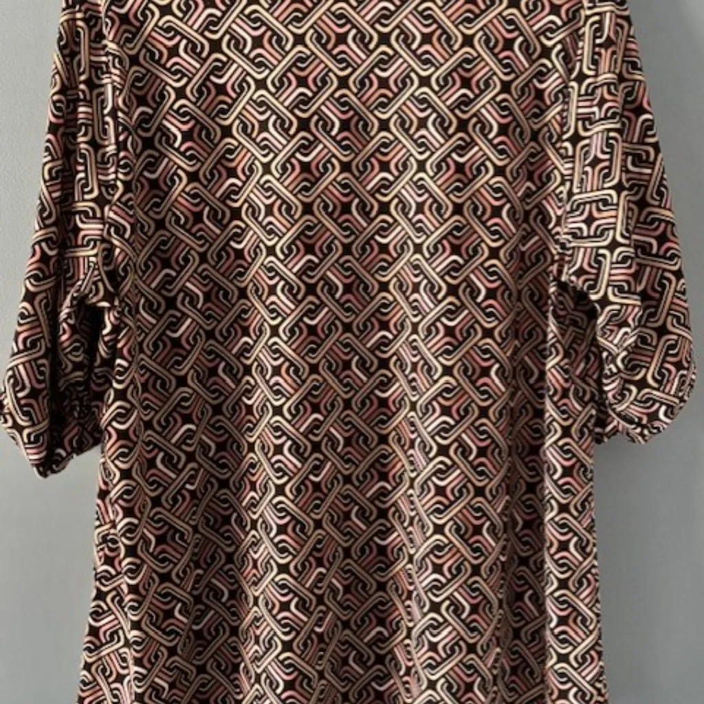 Anne Klein  XL Zip Front Black Tan Blouse Geometric Roll Tab V Neck Whimsygoth - Image 2