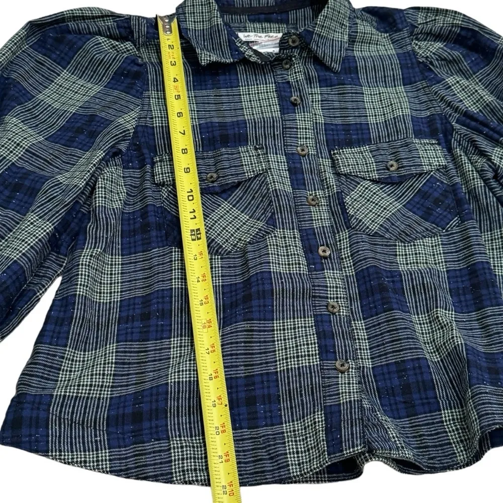 NEW Free People Sun City Plaid Top Blue and Green Puff Sleeves Women’s Size S - Image 6