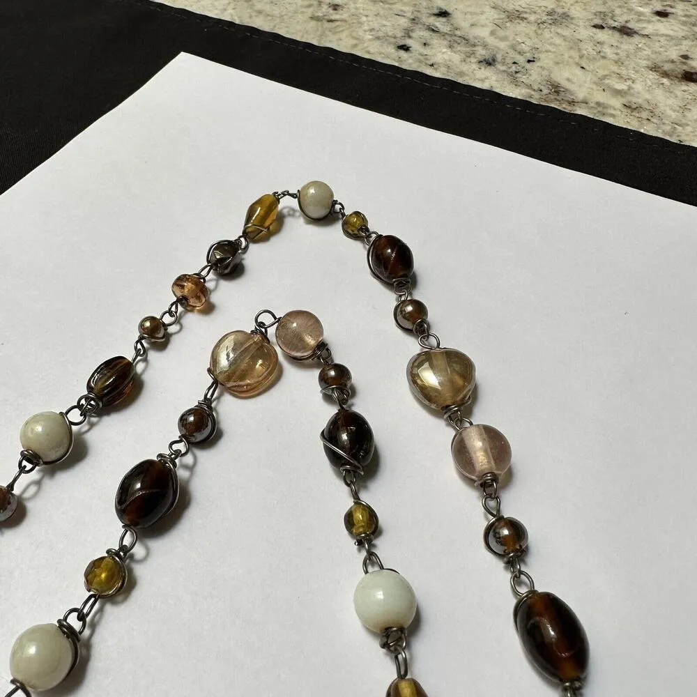 Handmade Glass Brown, Off White, Amber Color Etc Silver Tone Necklace 35 Inch - Image 7