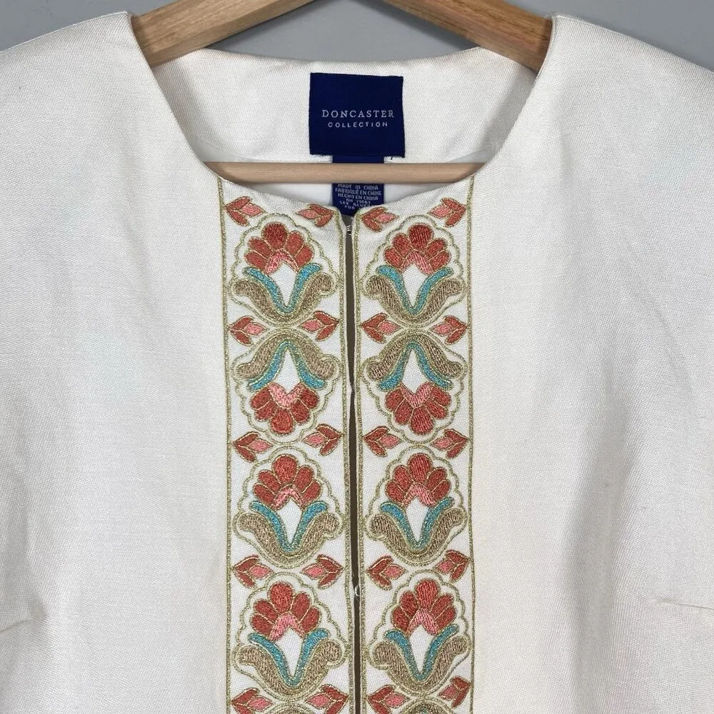 Doncaster Women’s Size 8 Ivory Silk Linen Embroidered 3/4 Long Sleeves Tunic Top - Image 3