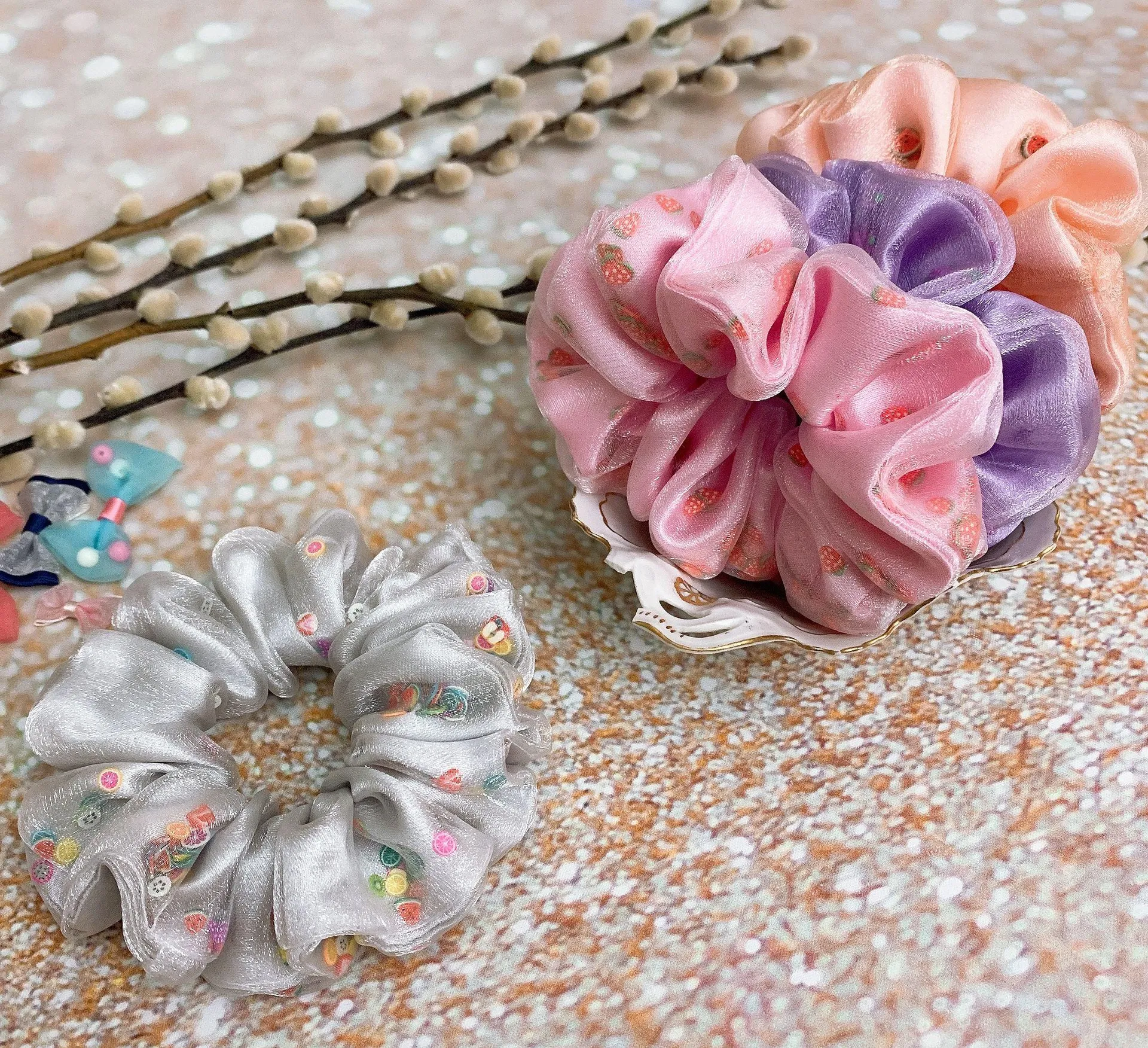 Purple Grape Double Layered Satin And Crystal Organza Scrunchie - Image 7