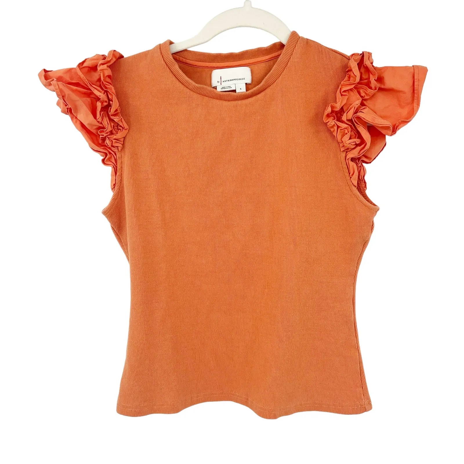Anthropologie Womens Ribbed Woven Ruffled‎ Statement Sleeve Top Size S Coral - Image 3