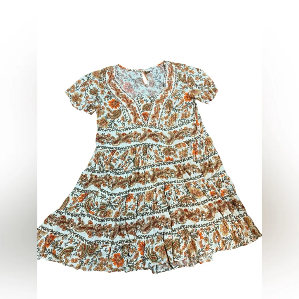 Bila Boho Floral Paisley Dress Tiered Ruffle Hem VNeck Short Sleeve Peasant Sz L Orange Size L - Image 7