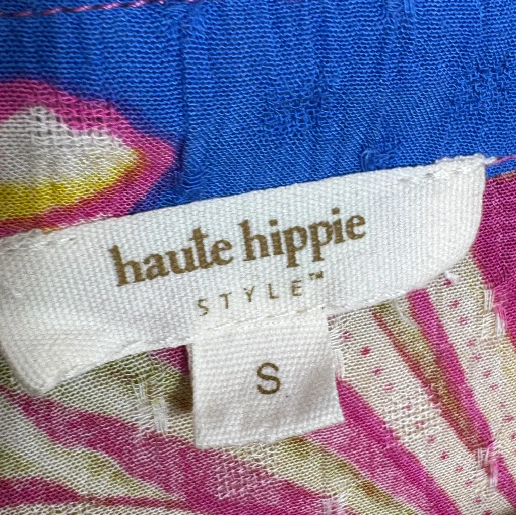 Haute Hippie Hawaiian Floral Faux Wrap Crop Long Sleeve‎ Blouse Pink Teal Small - Image 9