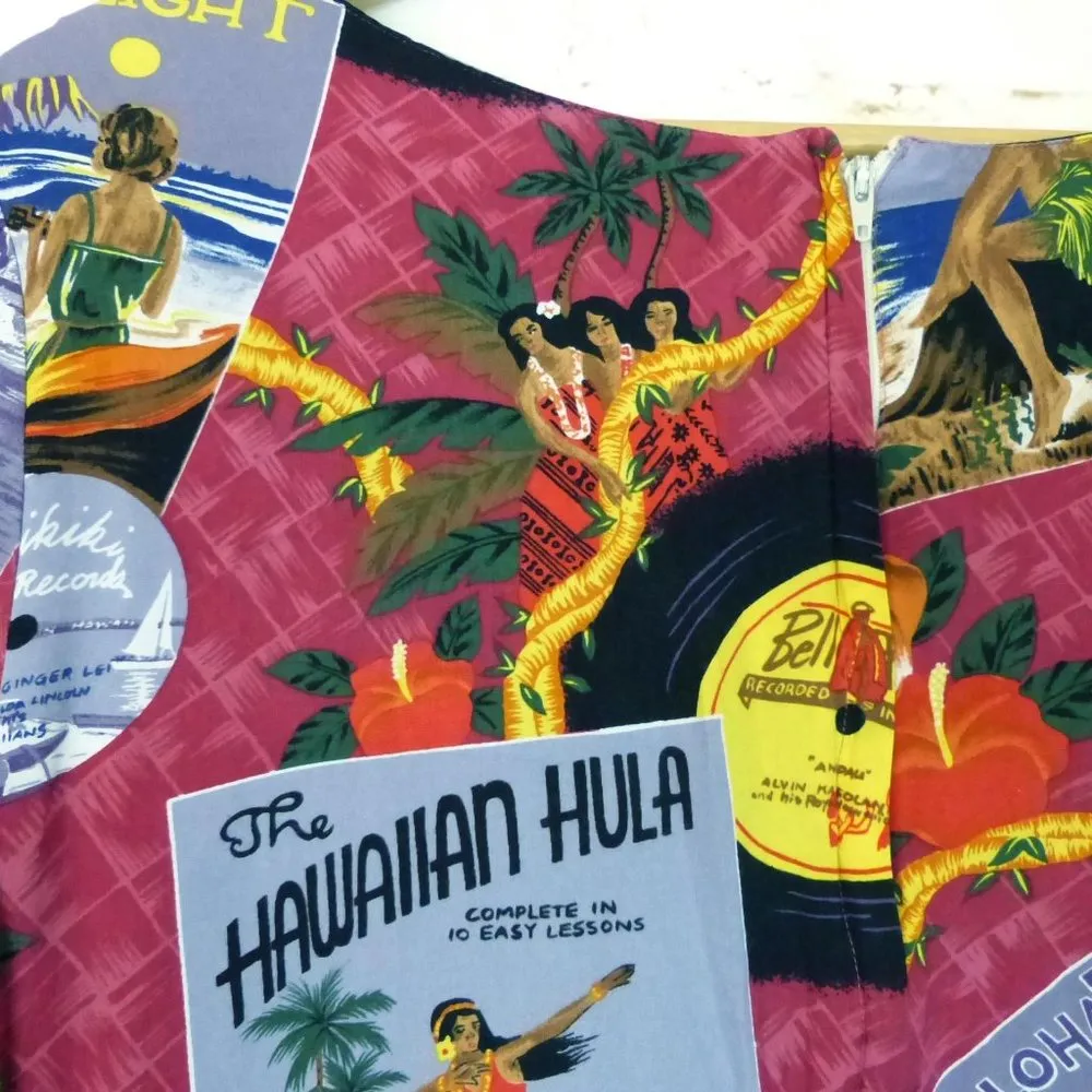 Reyn Spooner Y2K Hawaiian Novelty Printed Dress Womens L Red Rayon Records Aloha Size L - Image 13