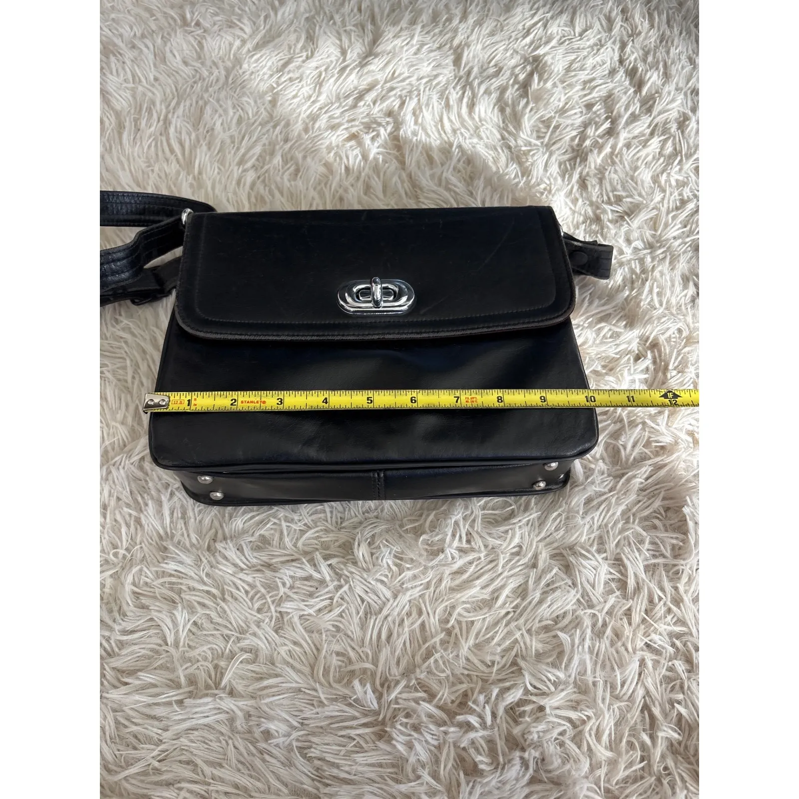 Vintage Black Leather Box Crossbody or Shoulder Bag Flap Close Silver Hardware - Image 10