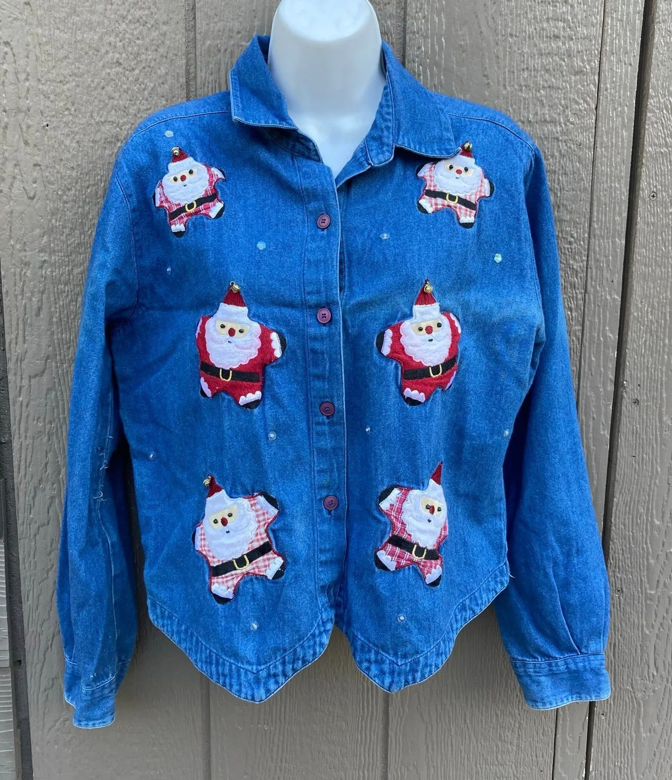 Grandmacore Christmas button down denim shirt women’s size medium santa claus Blue - Image 1