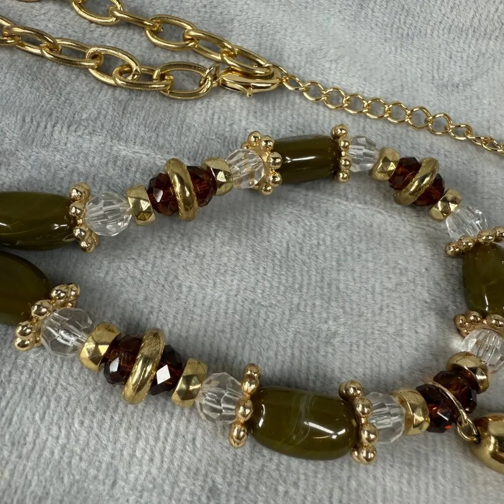 Gold Tone Chain Necklace Dark & Clear Beads Gold Tassel Pendant Long Length - Image 9