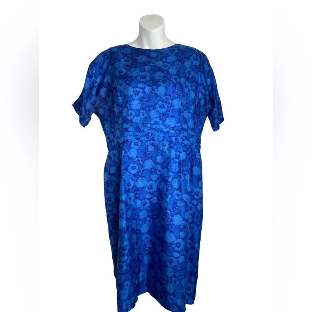 Vintage 1960s Floral Bateau Cocktail Dress Sapphire Blue Medium - Image 11