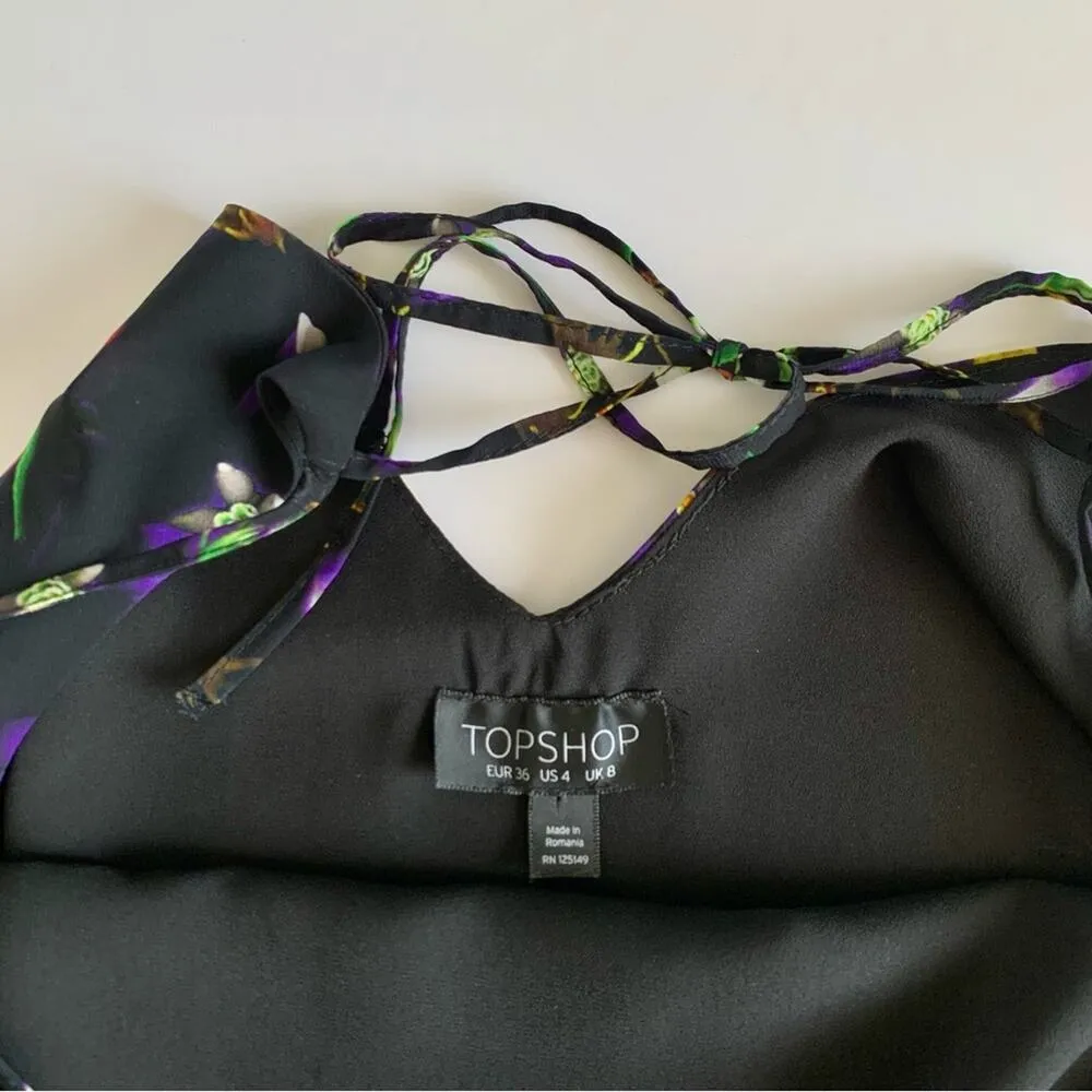 Topshop Midnight Floral Black Multicolor Boho Style Shift Slip Mini Dress US 4 - Image 6