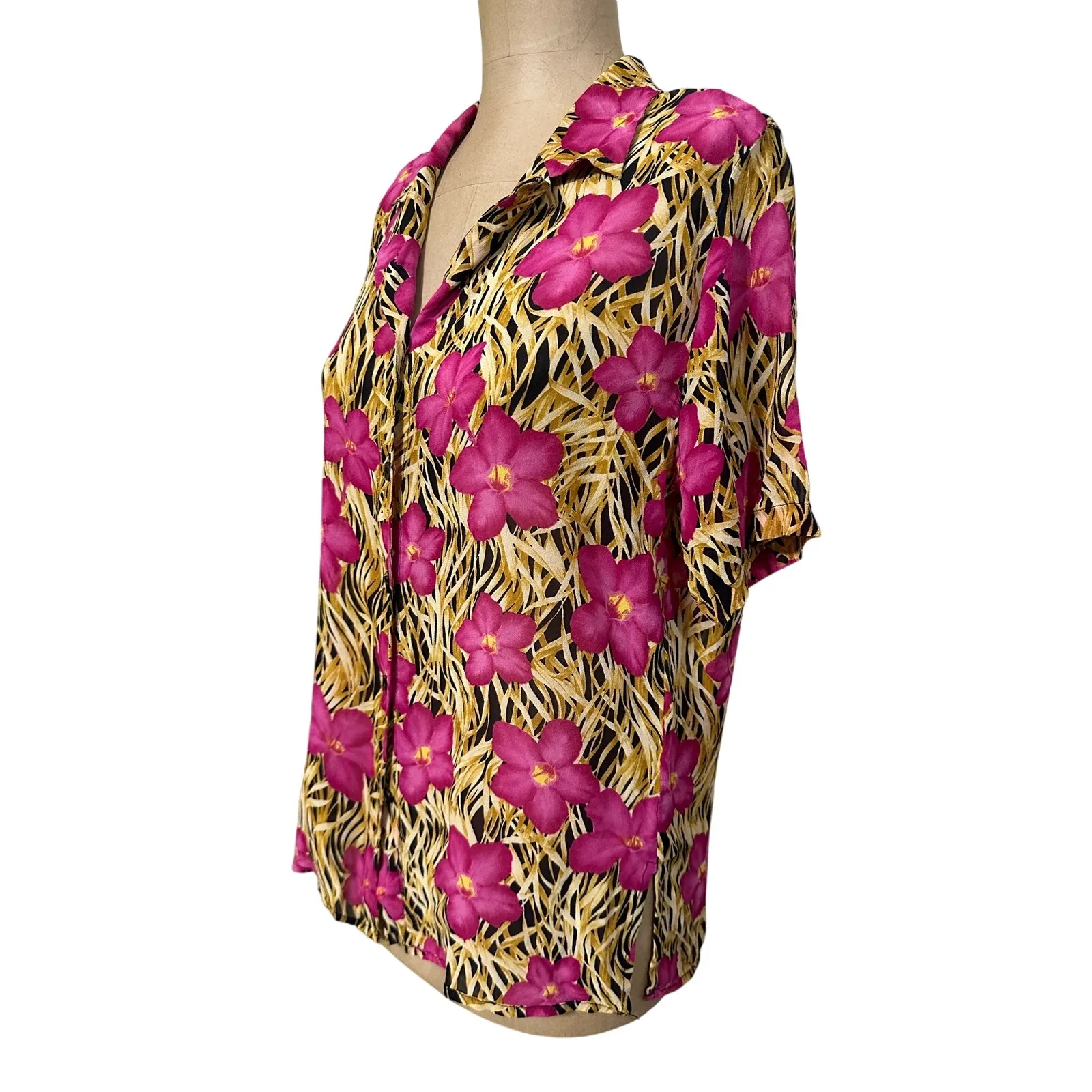 Escada Vintage 80s Blouse Silk Pink Hibiscus Floral Short Sleeve Size L - Image 3