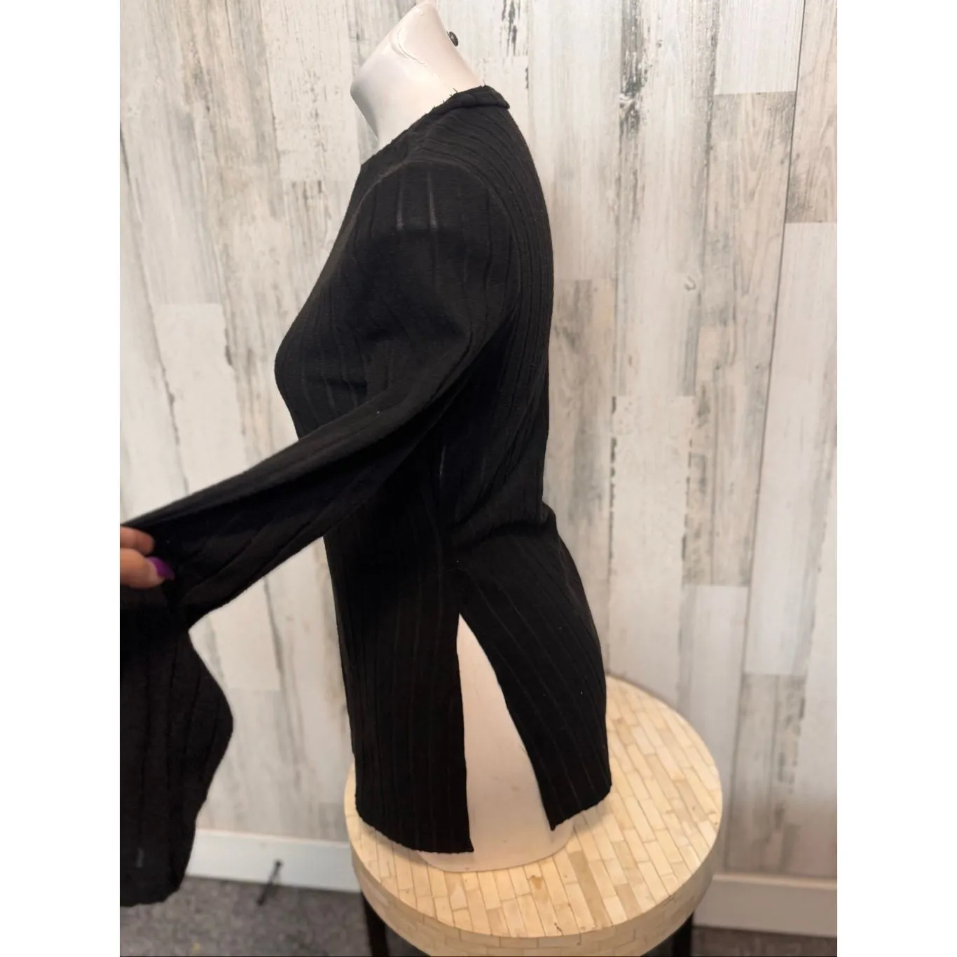 Black Ribbed Long Sleeve Split Side Top | Size Large - Image 5