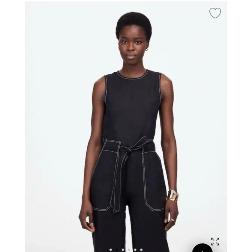 Madewell Contrast-Stitch Relaxed Straight-Leg Sleeveless Linen Jumpsuit Black 0 - Image 5