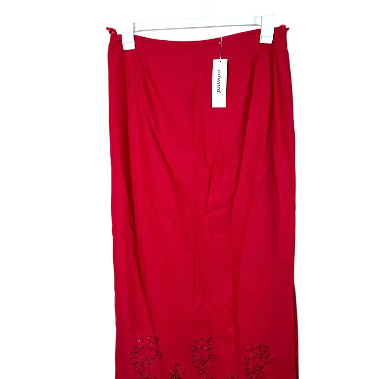NWT‎ Vintage Edward Y2K Red Beaded Maxi Length Linen Blend Straight Skirt 14 - Image 2