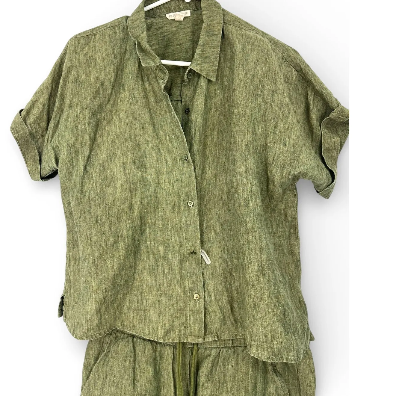 EILEEN FISHER XS Matching Set  Organic Linen Delave Shorts & Top Green Flax 2pc - Image 3