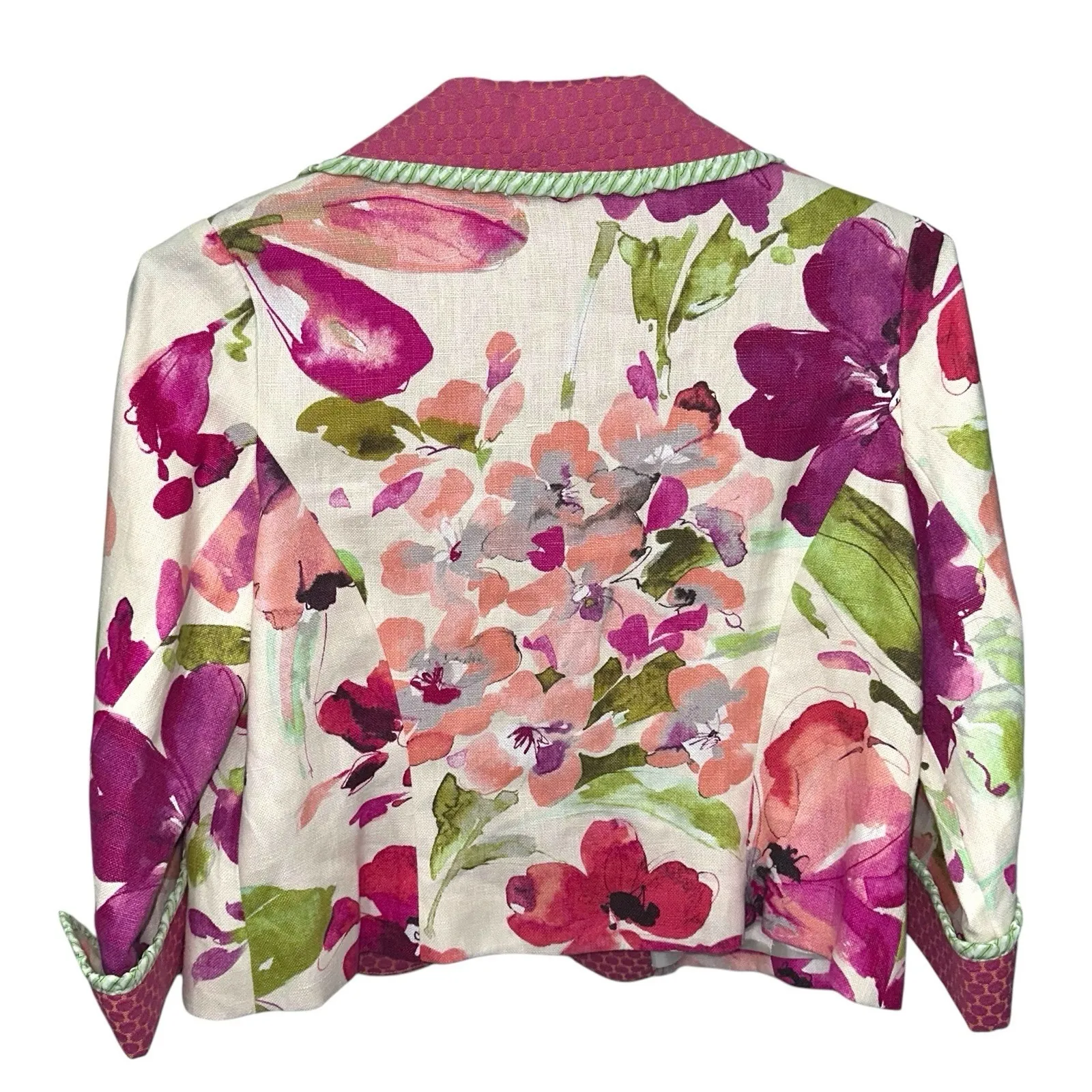 3 Sisters Floral‎ Cropped Jacket S Colorful Pink Green Poet Collar 100% Linen Size undefined - Image 4