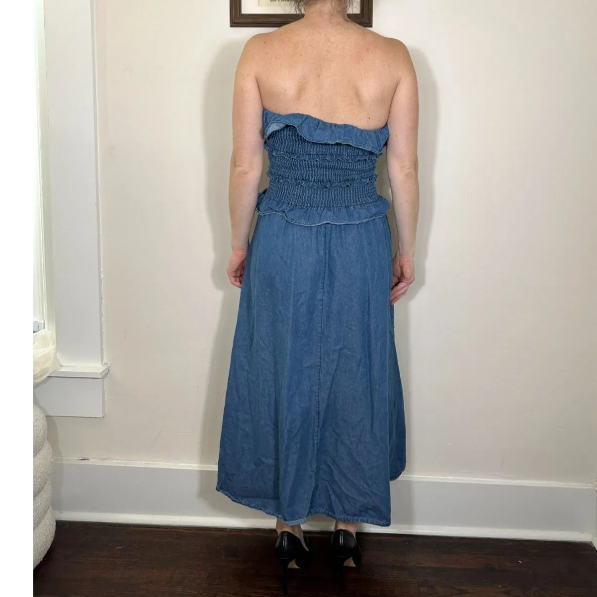 Klesis Strapless Blue Denim Tiered Midi Dress Size Small - Image 4
