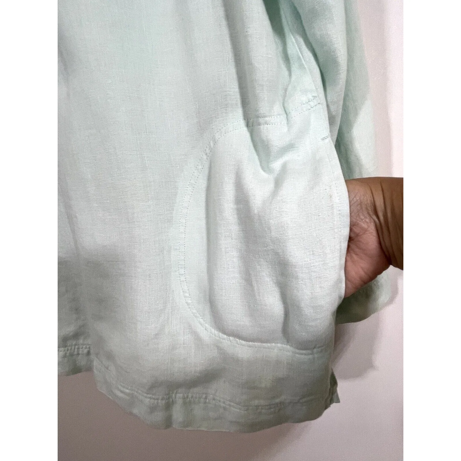 J.Jill Seafoam Green Long Sleeve 3 Button Tunic Jersey Lined Linen Pockets Small - Image 4