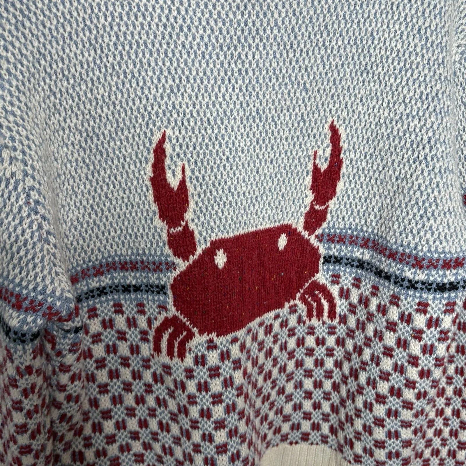 Yans Larat Red Crab Cream Blue V neck High Low Chunky Sweater Size Small Womens - Image 5