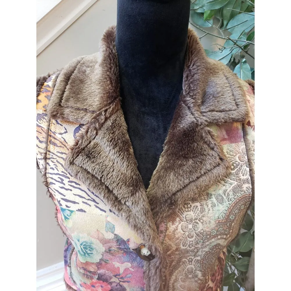 Weavz Faux Suede Vest Women's Medium Multi Geo Print Faux Fur Lined Button Front Brown - Image 10