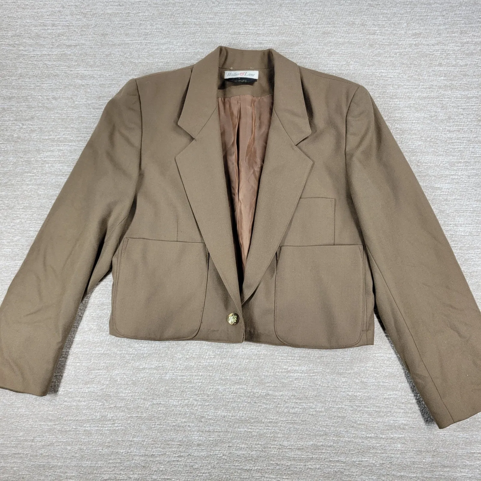 VTG Walker & Lane Cropped Wool Jacket Womens 10 Brown Gold Crest Button Career - Image 5