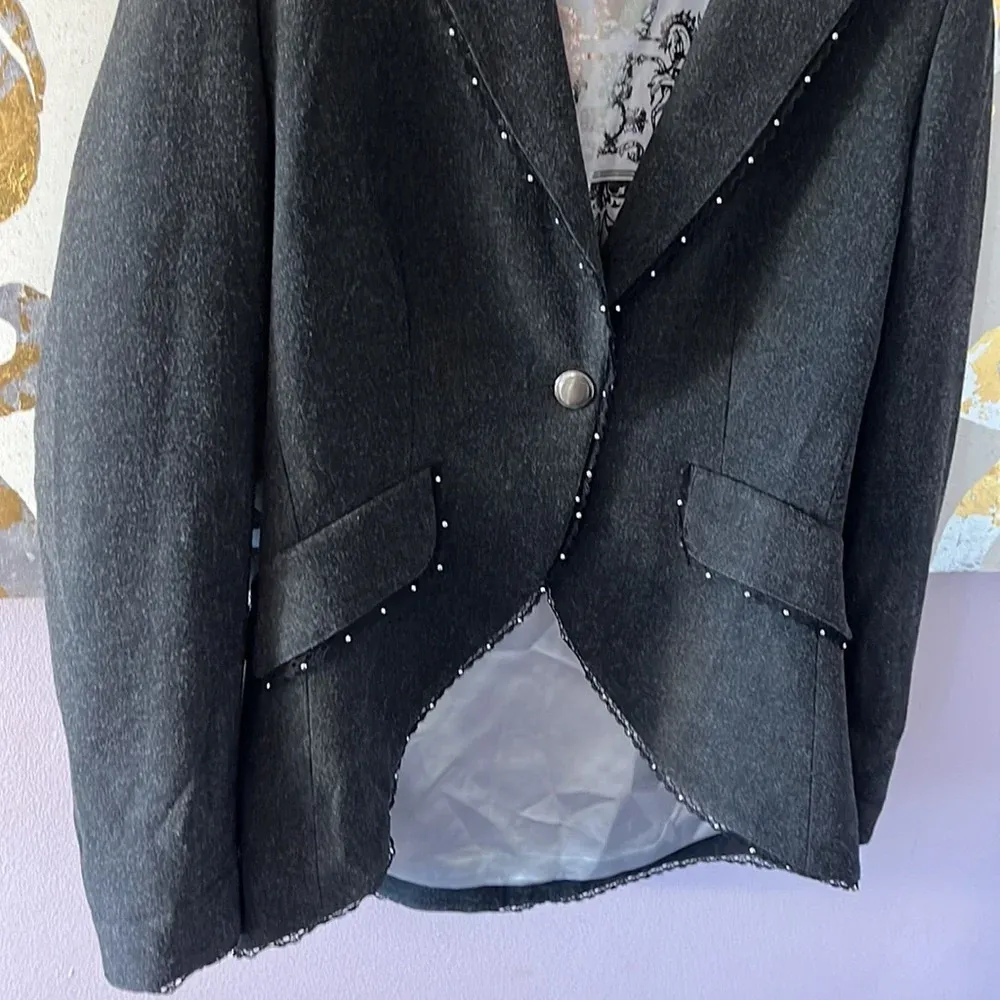 Joseph Ribhoff Size 6 Vintage Charcoal Gray Lace Gem Detail‎ Blazer - Image 3