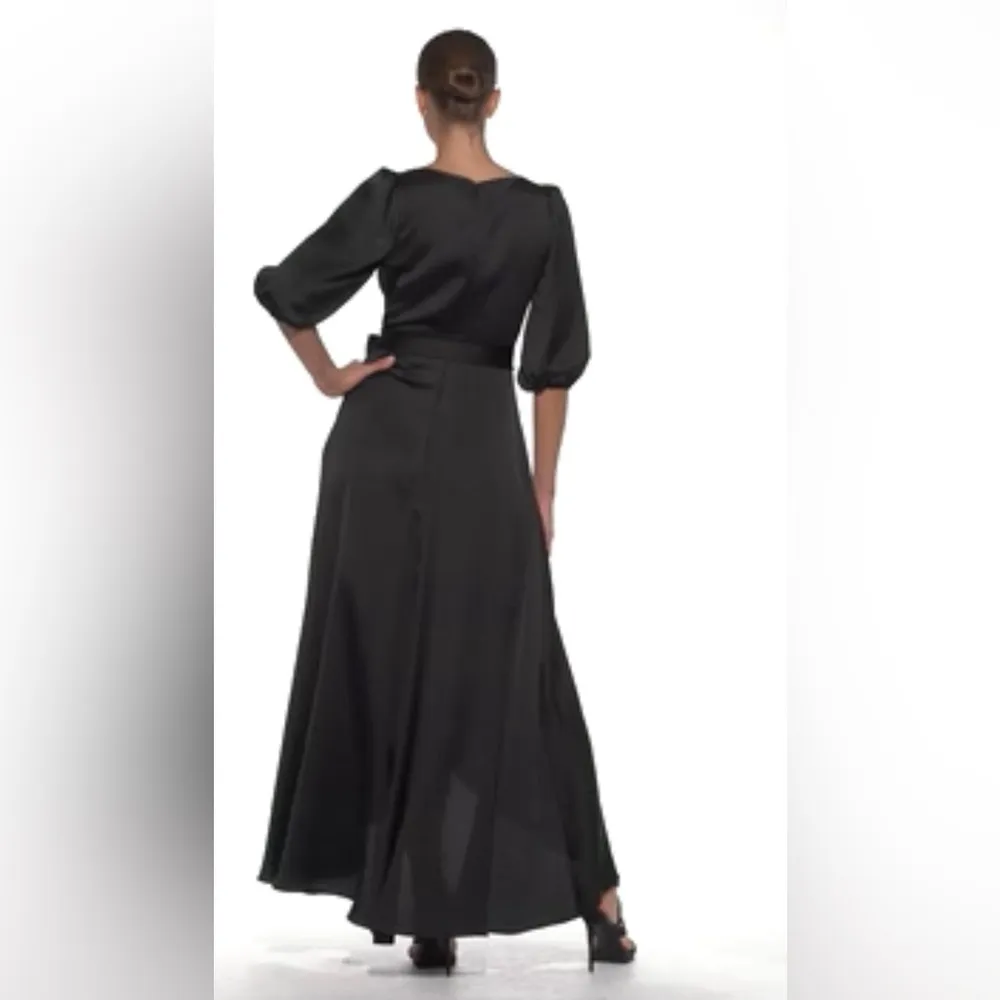 dkny evening dress DKNY by Donna Karan Satin Surplice Neck Sleeveless Twist Front Fit And Flare Gown