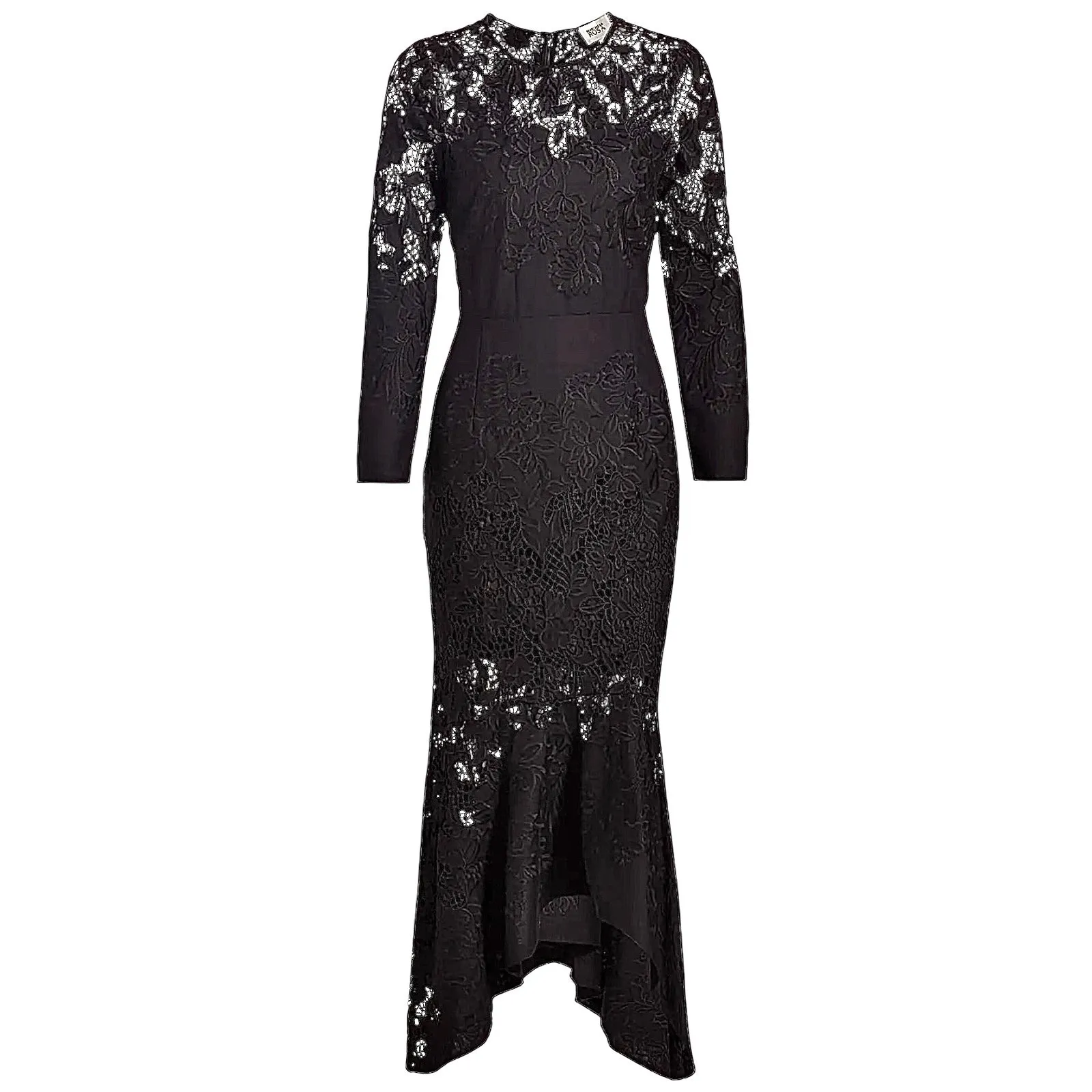 Marchesa Rosa Black Linen Lace Maxi Dress Handkerchief Hem Size 2 - Image 3