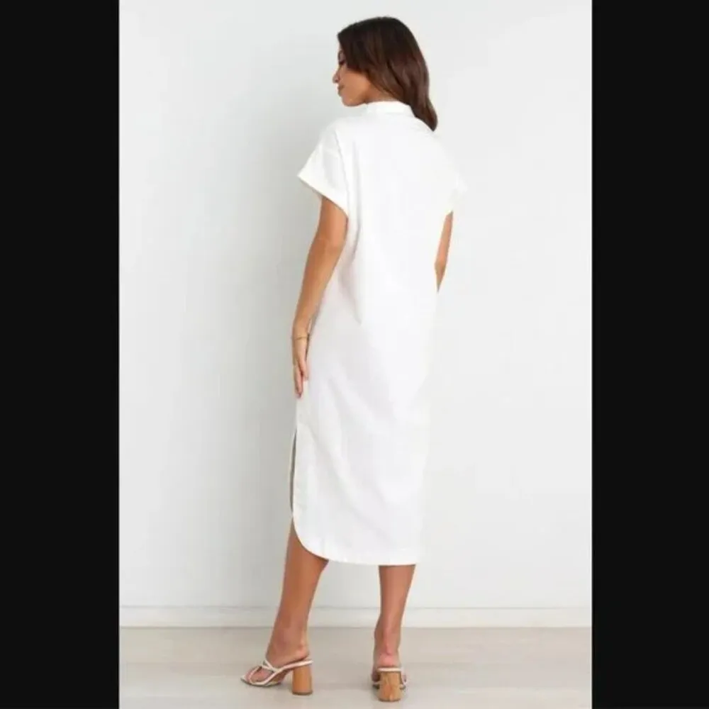 Princess Polly Petal & Pup Allison White Linen Button Front Tie Waist Midi Shirt Dress 4 - Image 4