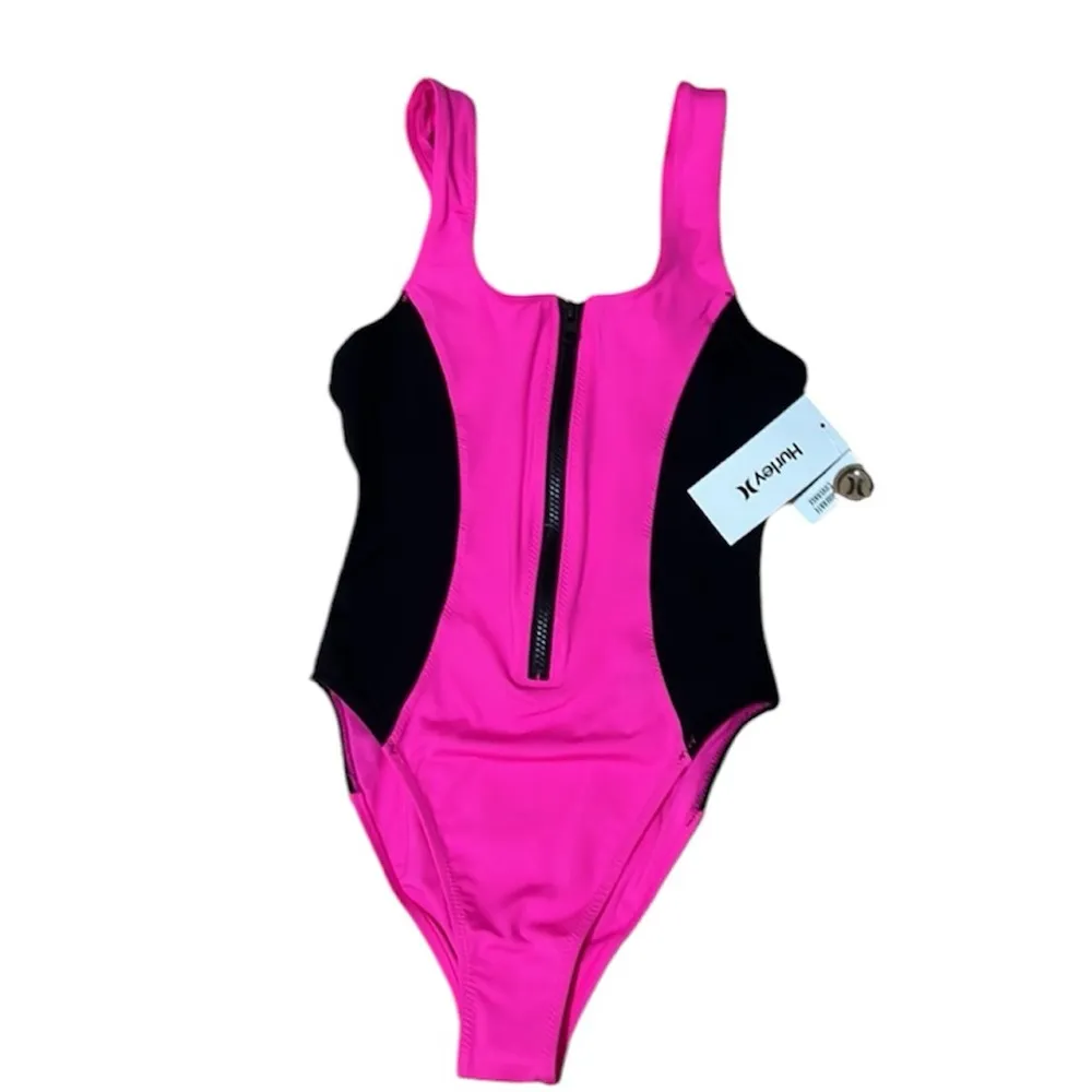 Hurley Malibu Zip Front Moderate Coverage 1-Pc Hot Watermelon NEW - Image 4