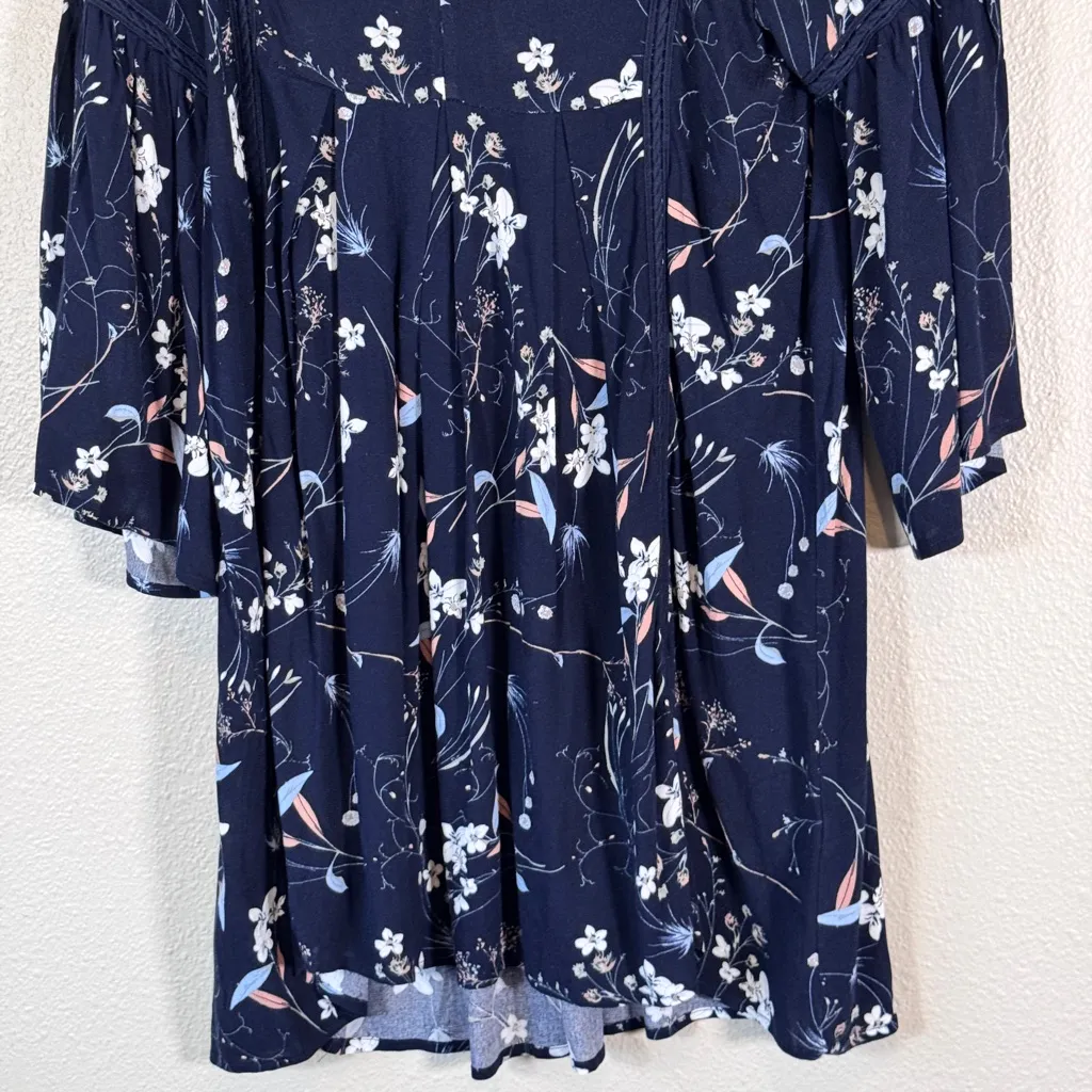 Umgee Blue Floral Bell Sleeve Mini Dress Womens M Boho Crochet Festival Tunic - Image 8