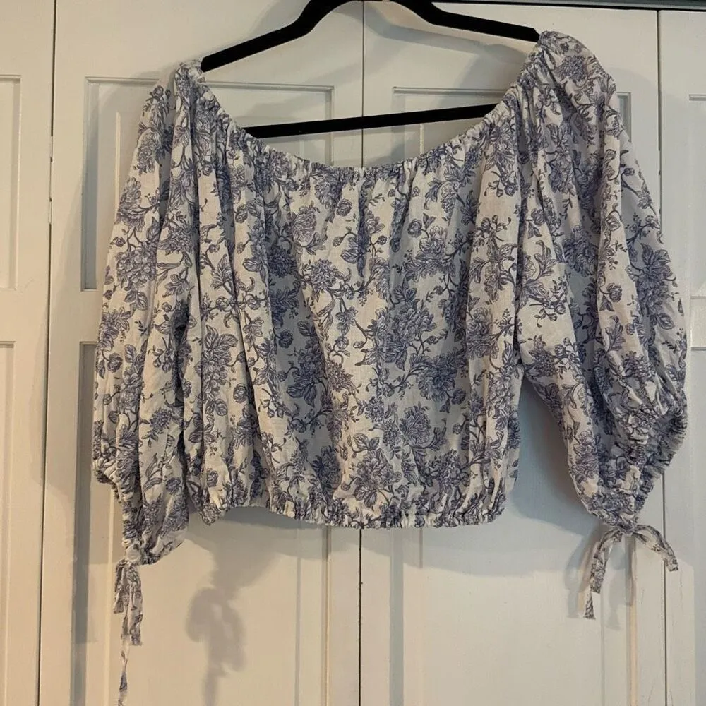 Cynthia Rowley linen cropped tie neck blouse blue toile Small - Image 6