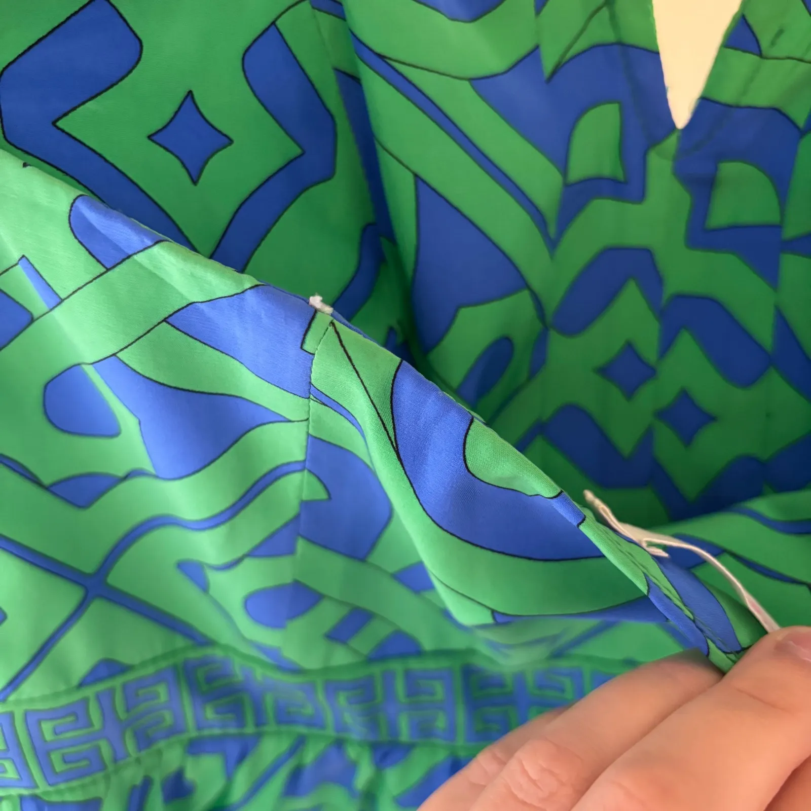 Alice & Trixie EUC Women's Green Blue Silk Strapless Geo Print Dress Size M - Image 7