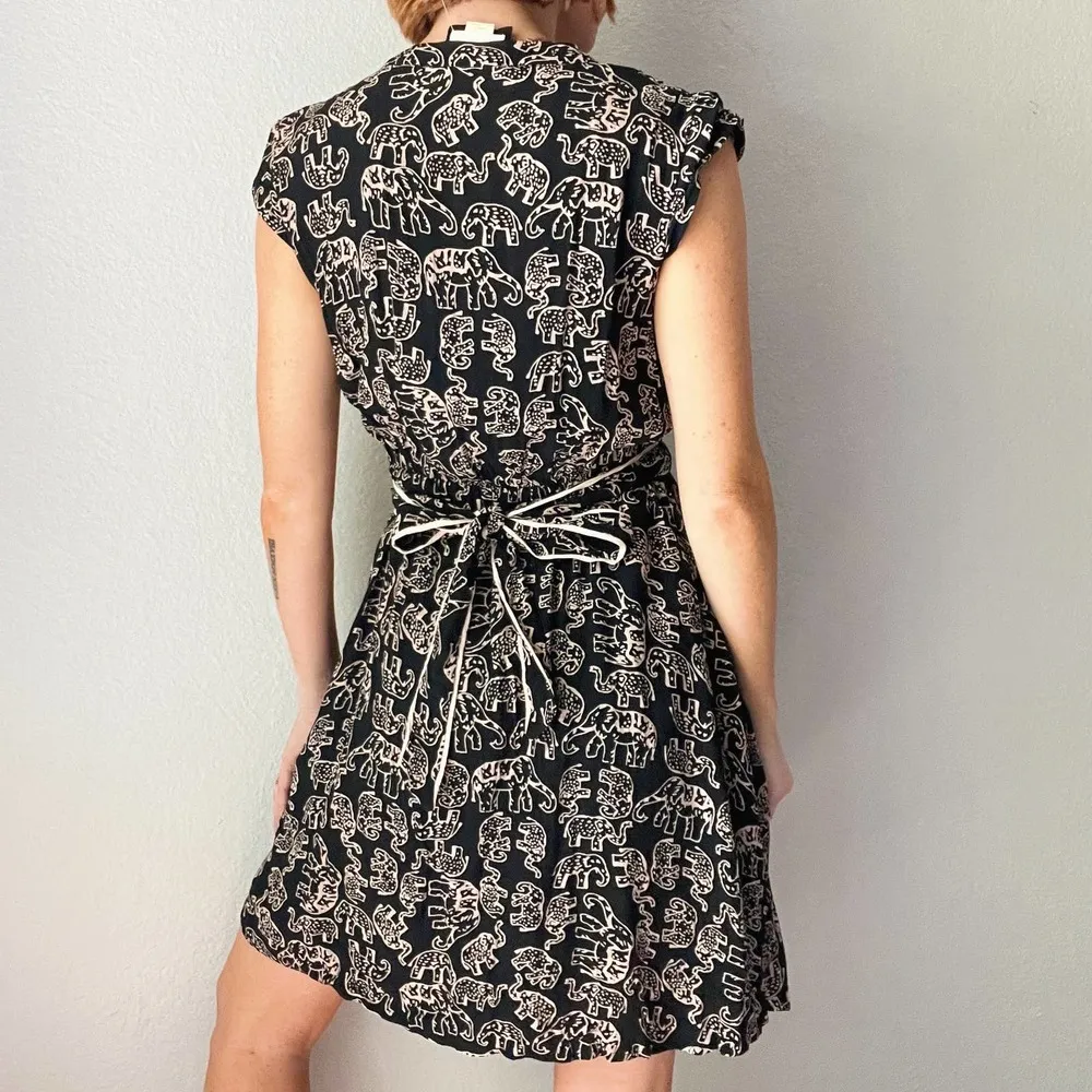Anthropologie Maeve Noronha Black Elephant Print Flowy Faux Wrap Dress Small - Image 3