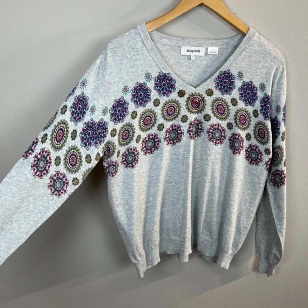 Desigual Sweater Small Gray Floral Medallion Rhinestone Long Sleeve V-Neck Women - Image 4