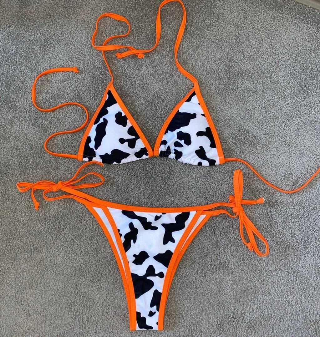 Orange Cow Print Bikini Set Thong Cheeky - Image 2