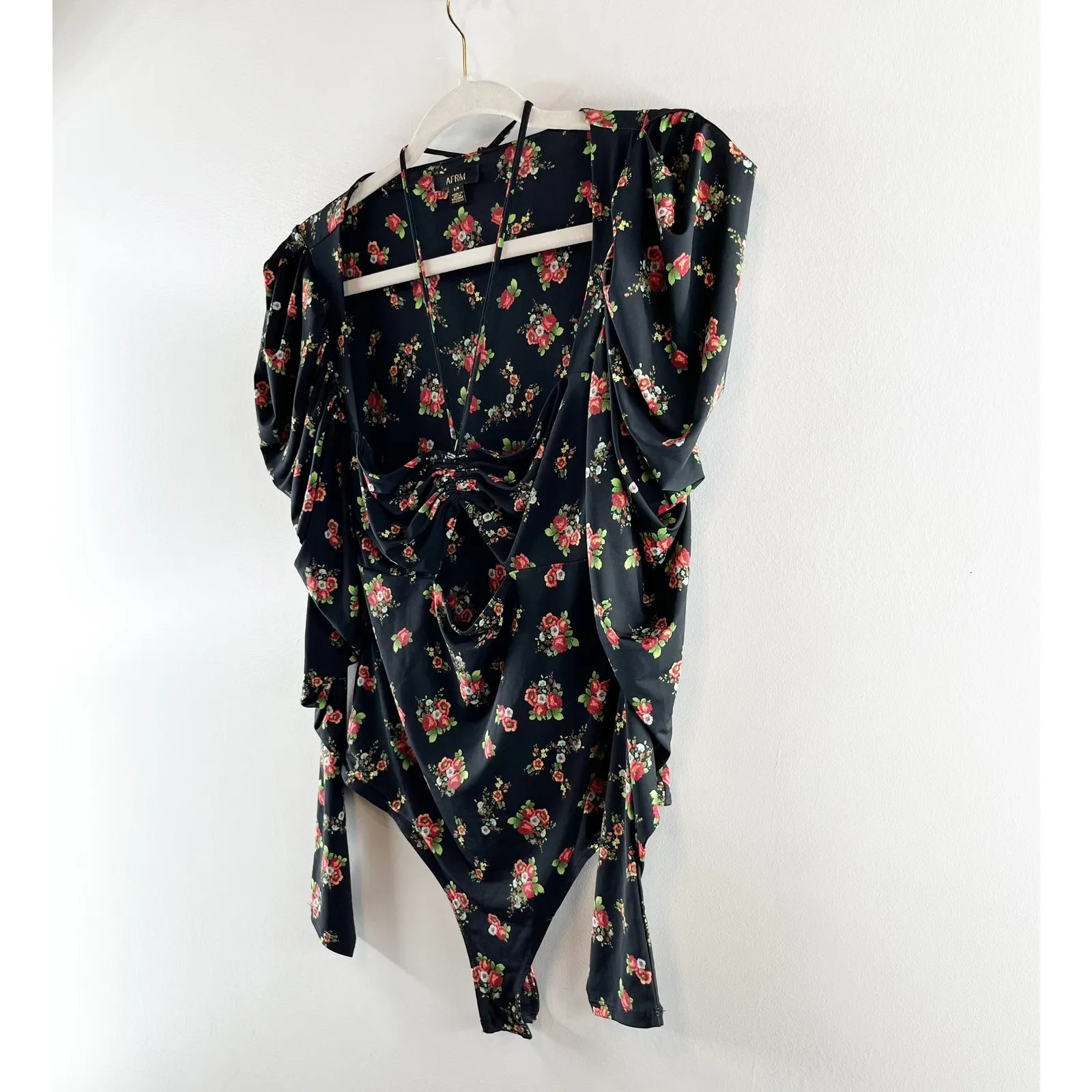 AFRM Coppelia Halter Neck Thong Bodysuit Noir Rose Garden Small Black - Image 7