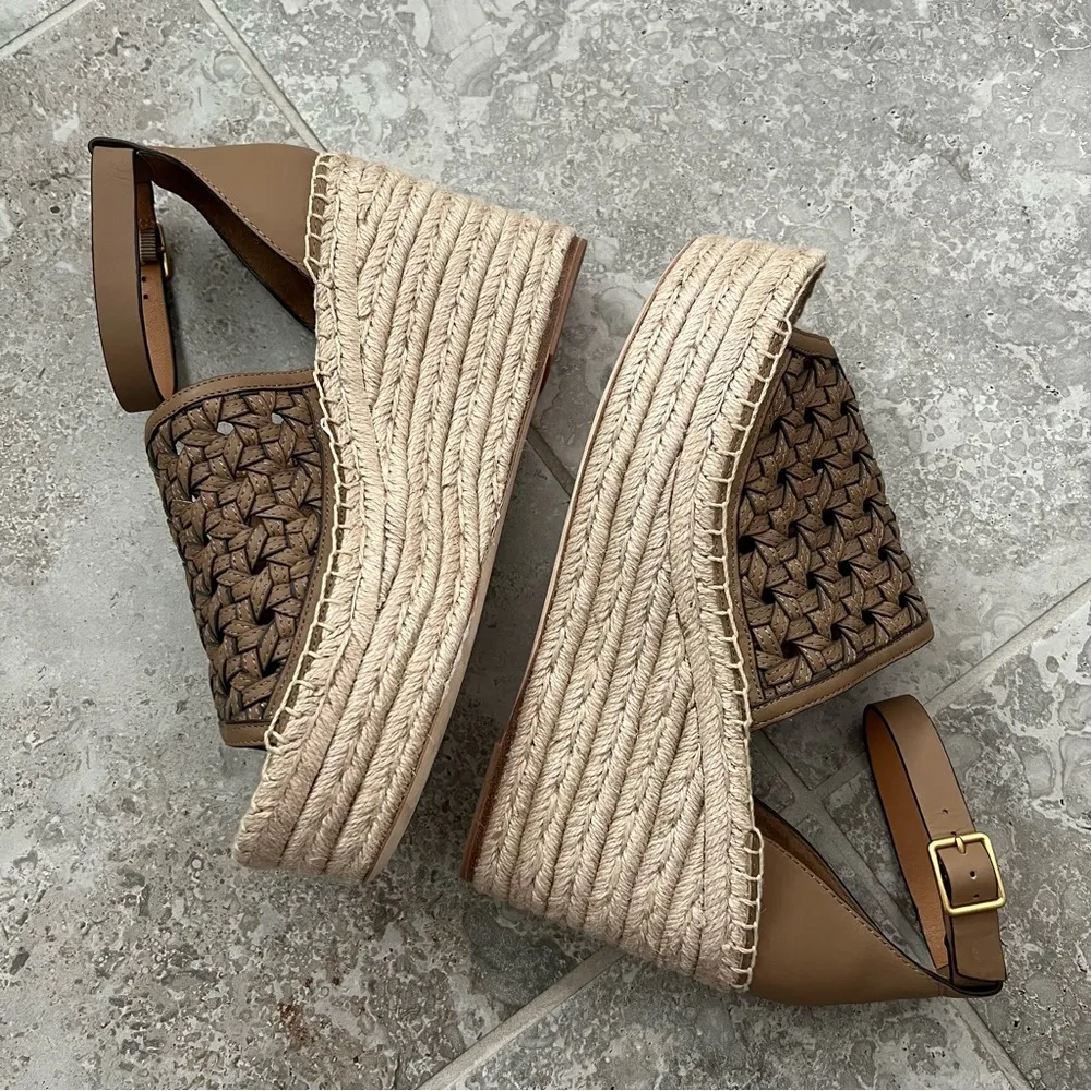 Tory Burch Basketweave Espadrille Ankle Strap Wedges Leather Size 10M New in Box - Image 9