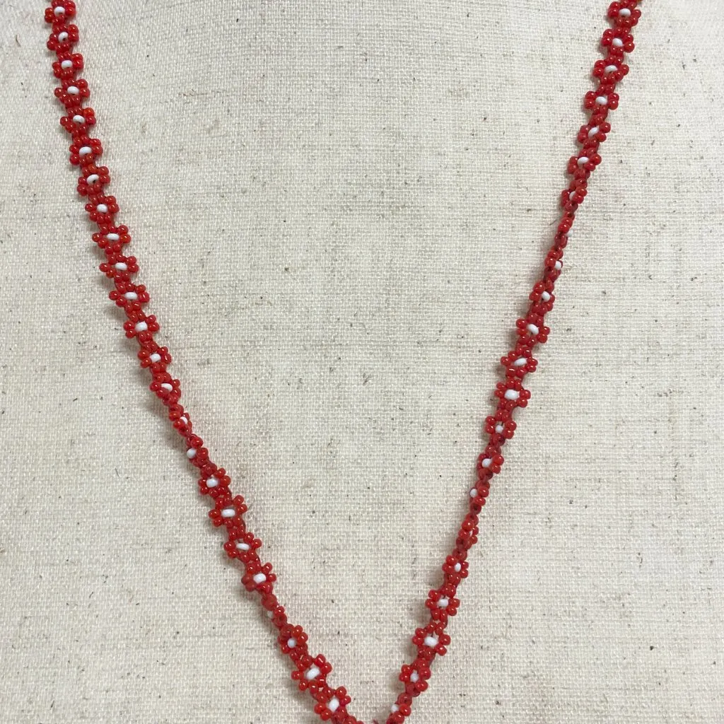 Handmade Beaded Folk‎ Art Necklace | Colorful Boho Woman Pendant | Red Seed Bead - Image 4